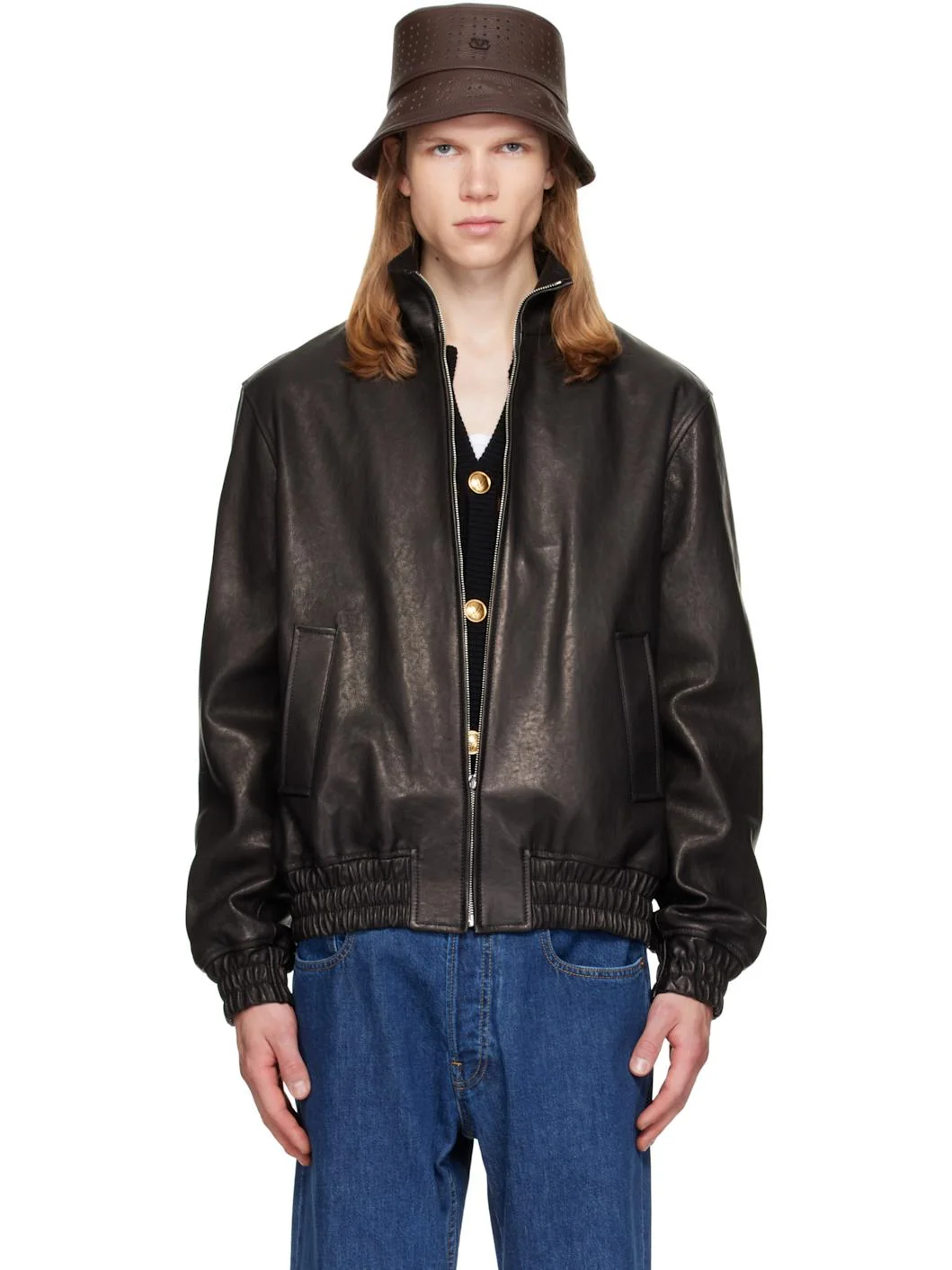 Black High Neck Leather Jacket - 1