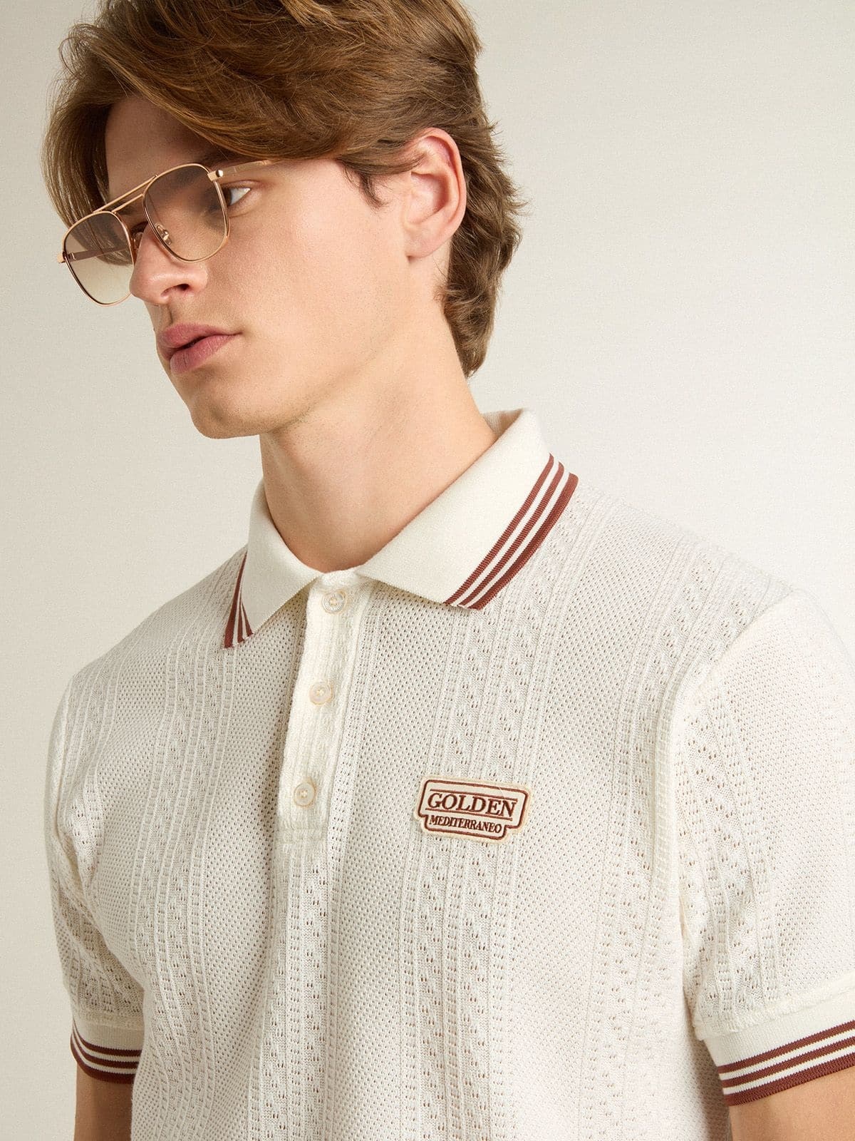 Men's polo shirt in white perforated knit with burgundy striped details - 5
