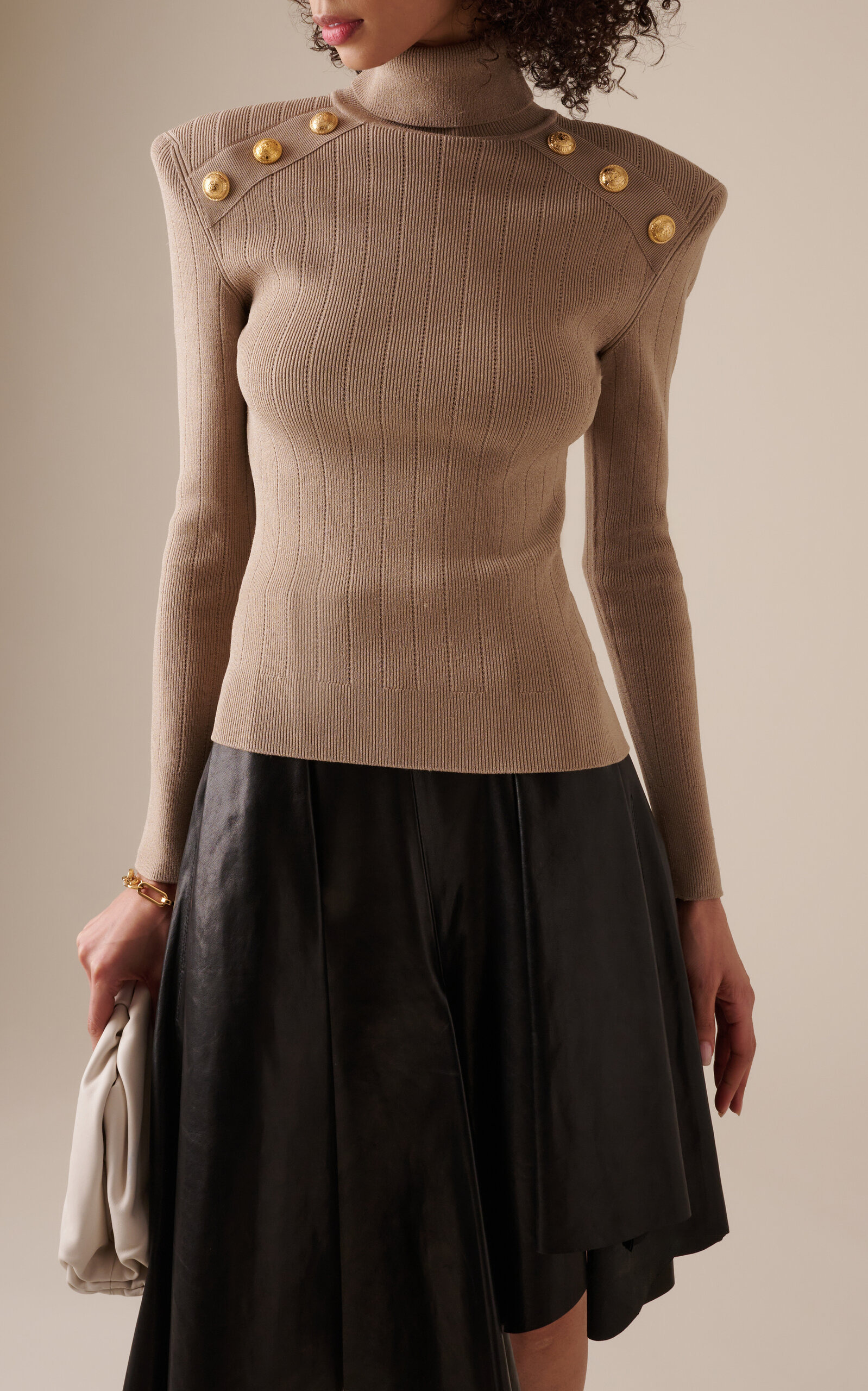 Button-Trimmed Knit Turtleneck Sweater brown - 2