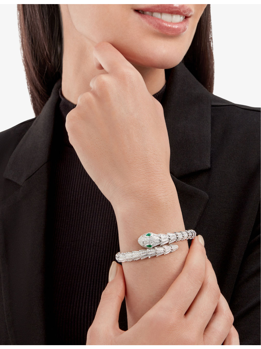 Serpenti Tubolari 18ct white-gold, 3.89ct diamond and 0.26ct emerald bracelet - 2