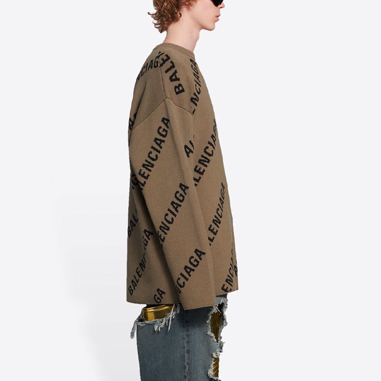 Balenciaga All Over Logo Crewneck Wool Knit Sweater 'Light Brown' 657401T32002900 - 5