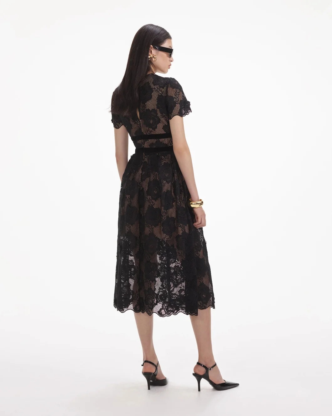 BLACK LACE VELVET BOW MIDI DRESS - 3