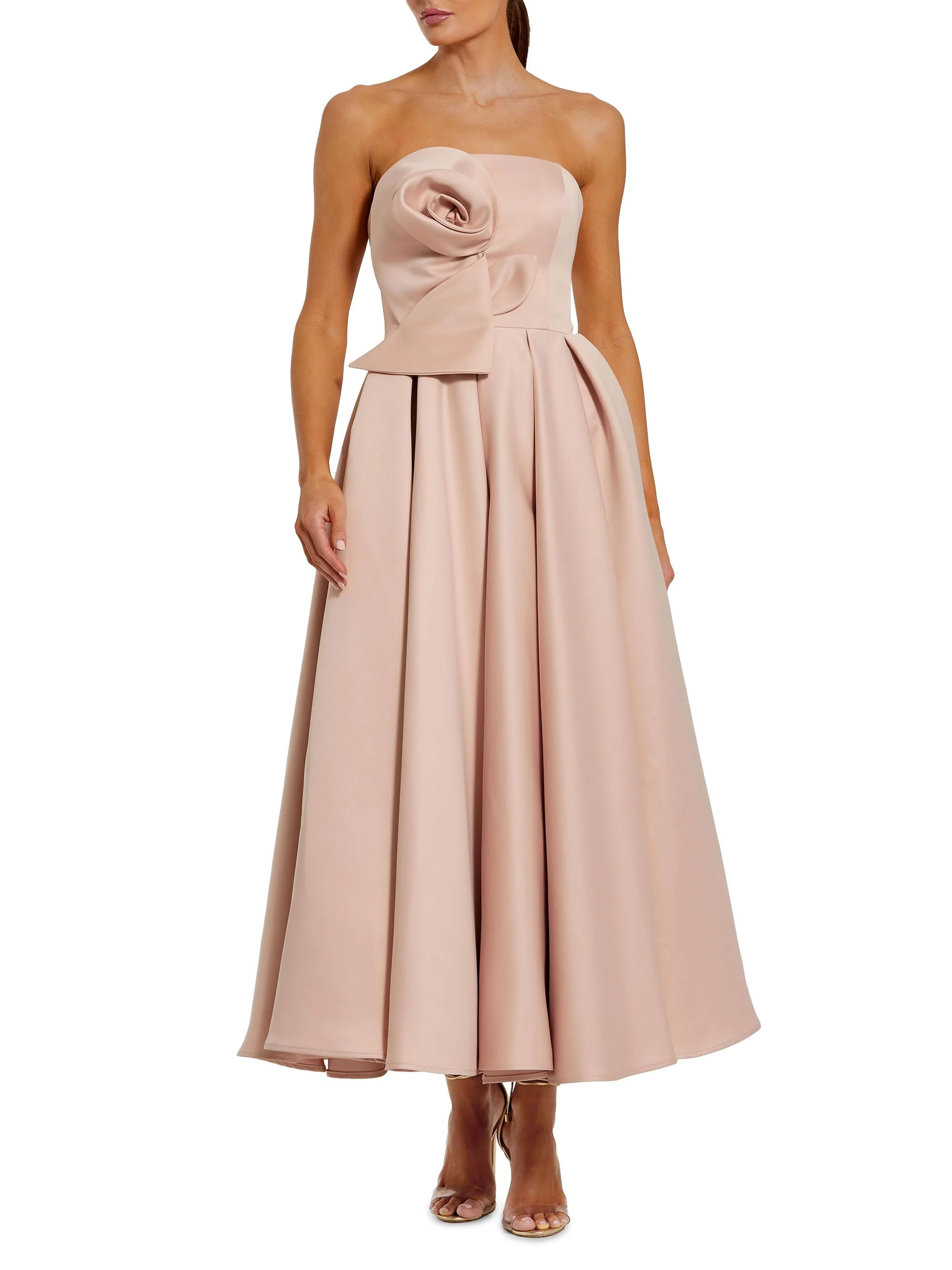 Women's Rosette Satin Strapless A-Line Midi-Dress - Rose Pink - 1