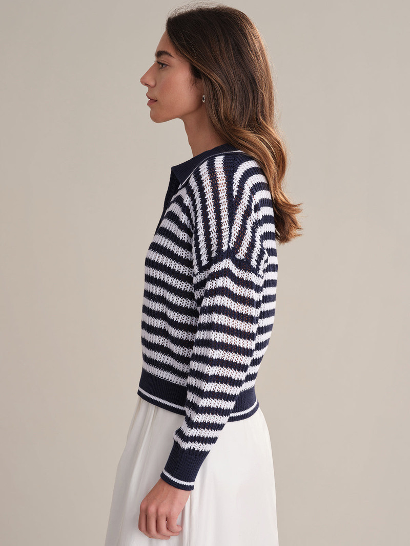 Kimberly: Cotton Stripe Open Stitch Polo Sweater 2