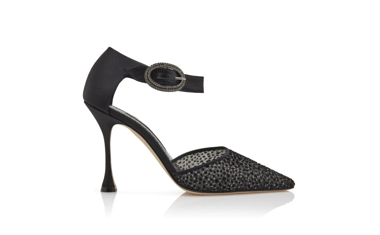 Black Flocked Tulle Ankle Strap Pumps - 1