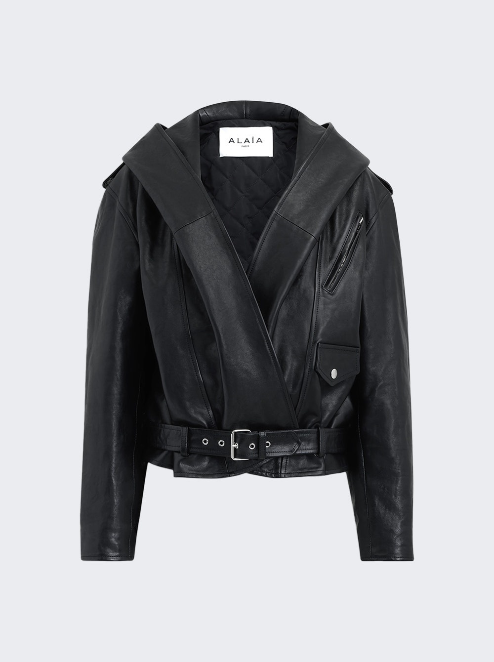 Leather Hooded Biker Jacket Black - 1