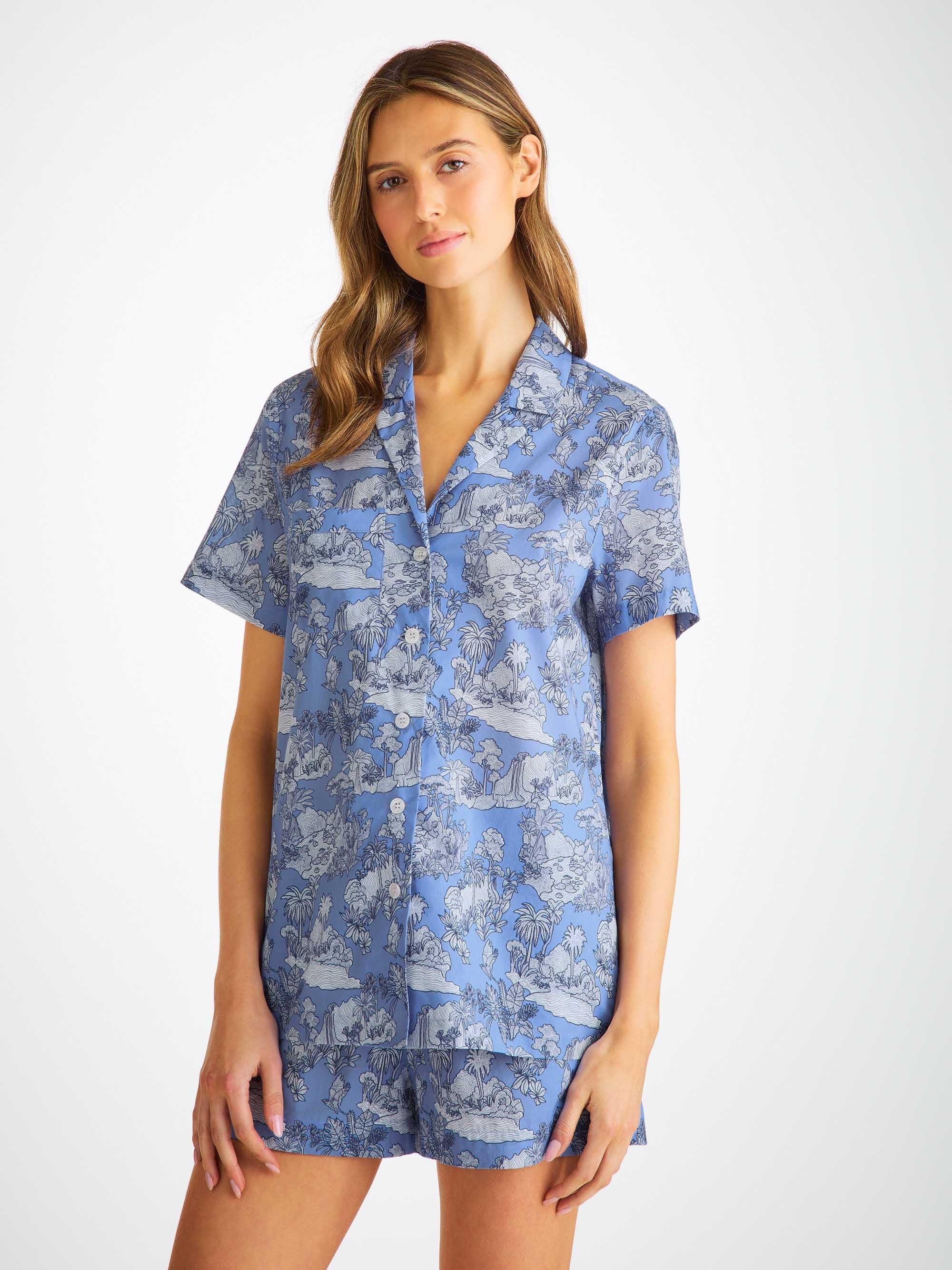 Women's Short Pajamas Cotton Batiste Blue Island Hopping Print - 3