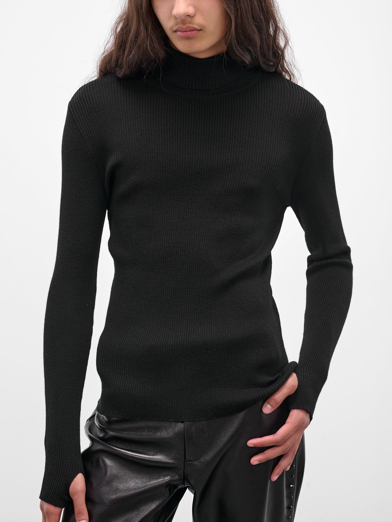 Black Wool Rib-Knit Turtleneck - 4