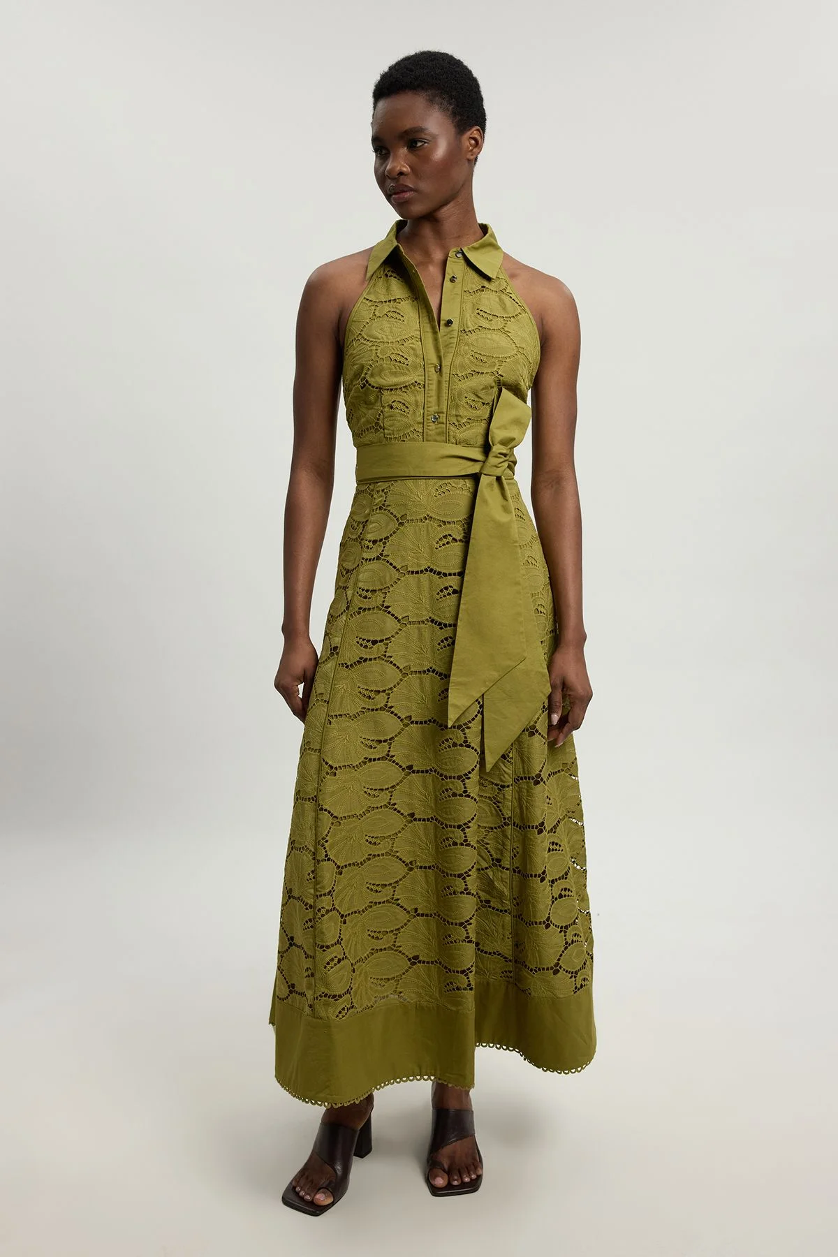 Cutwork Cotton Halterneck Tie Detail Woven Midi Dress - 1