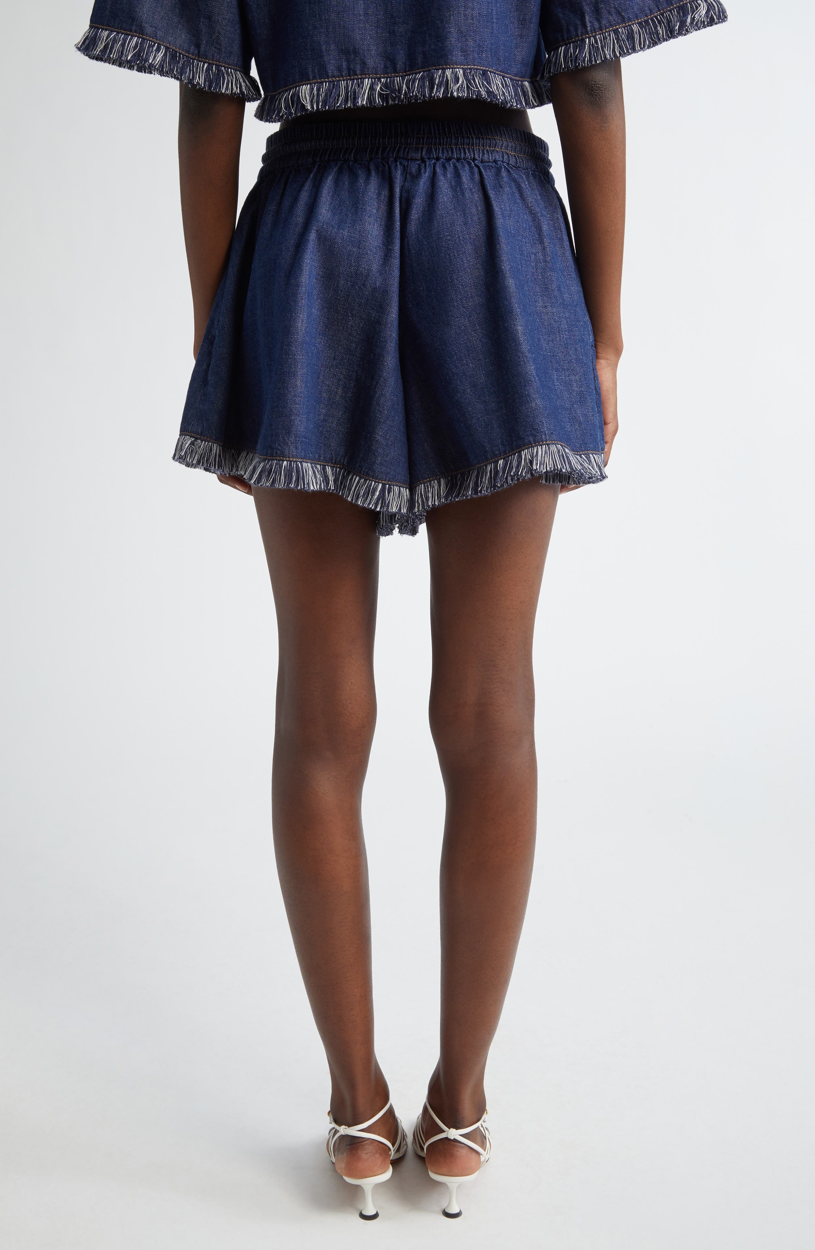 Zimmermann Rhiannon Drawstring Waist Fringe Hem Denim Shorts in Atlantic at Nordstrom - 3