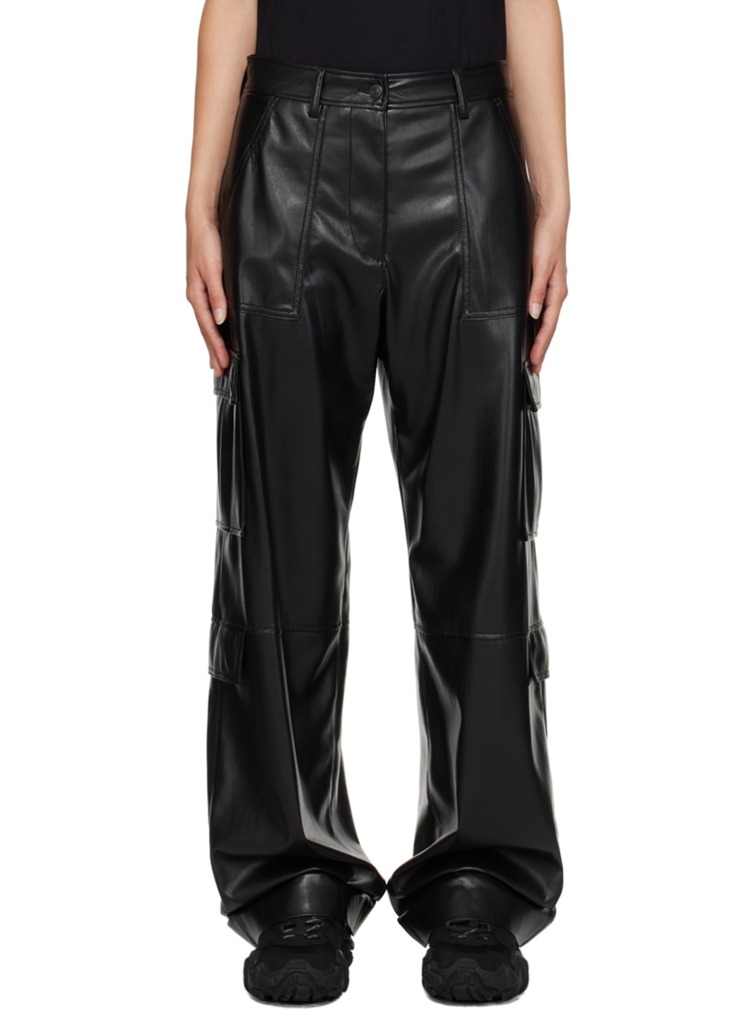 Black Cargo Pockets Faux-Leather Trousers - 1