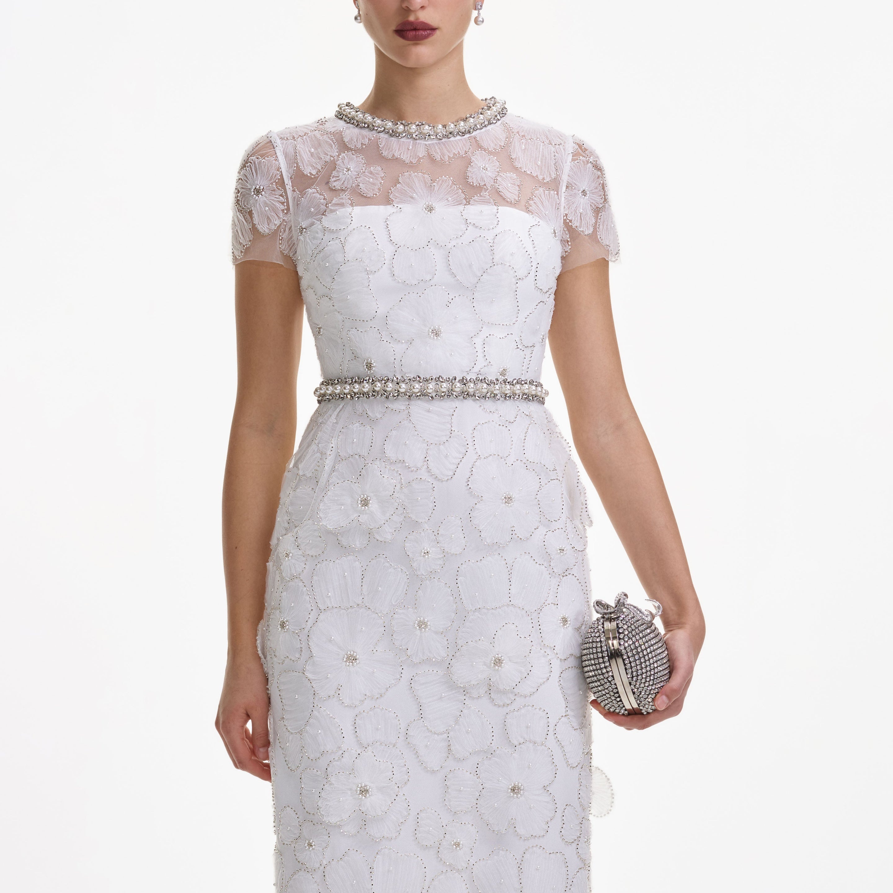 White Embellished Tulle Midi Dress - 4