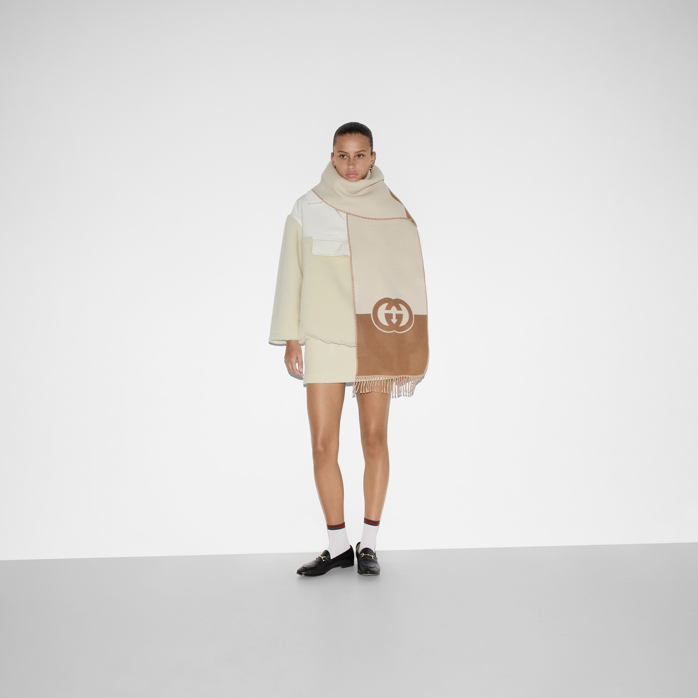 Wool cashmere scarf with Interlocking G - 3