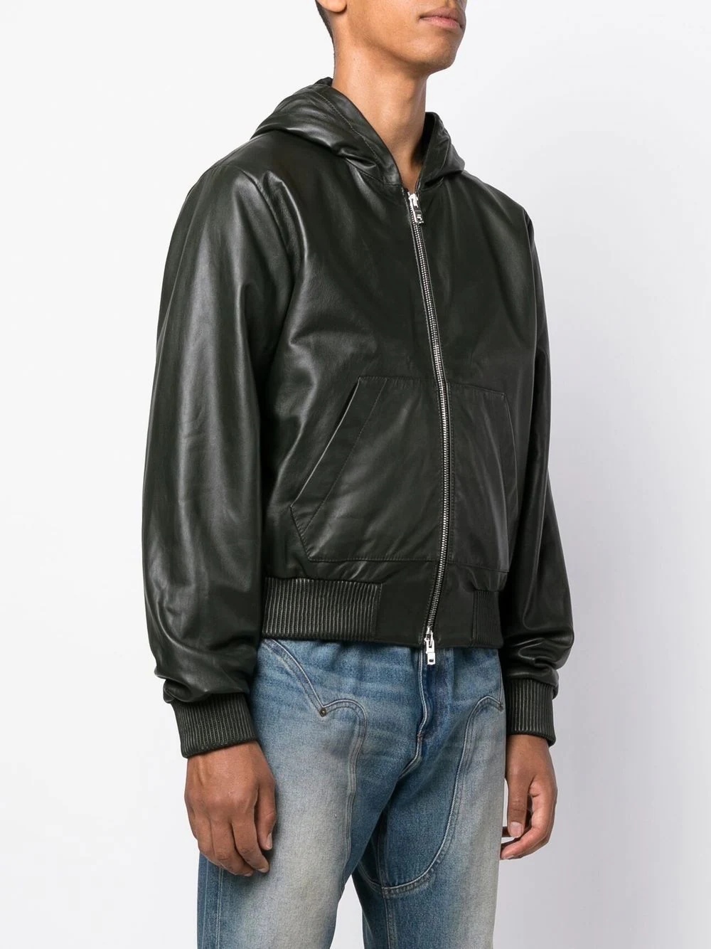 embossed-logo hooded leather jacket - 4