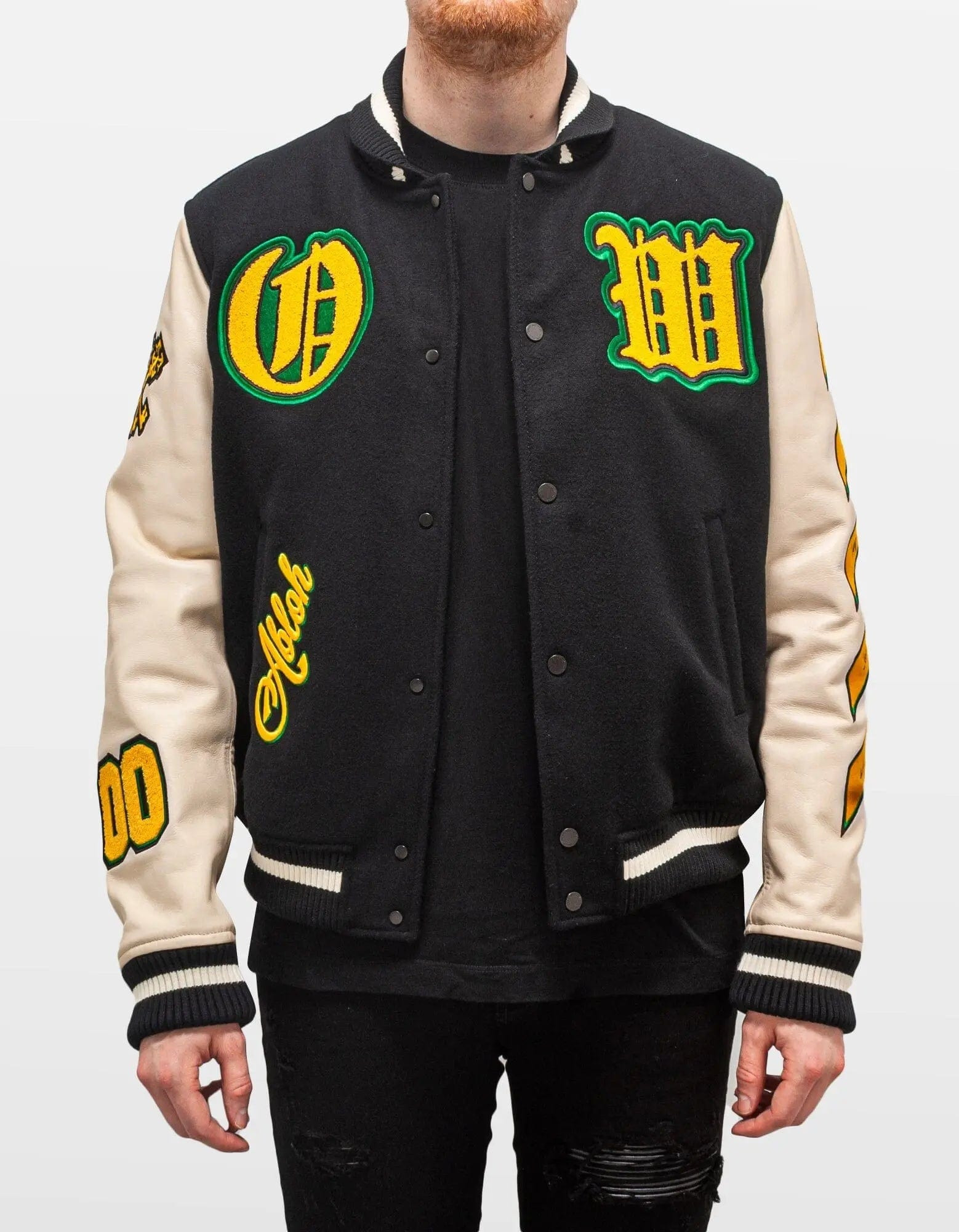Off-White Black Graphics Leather Varsity Jacket - 12