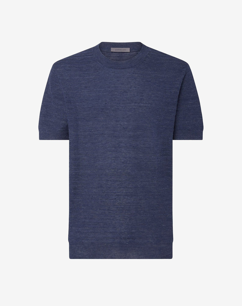 Denim blue crew neck linen and silk knitwear 1