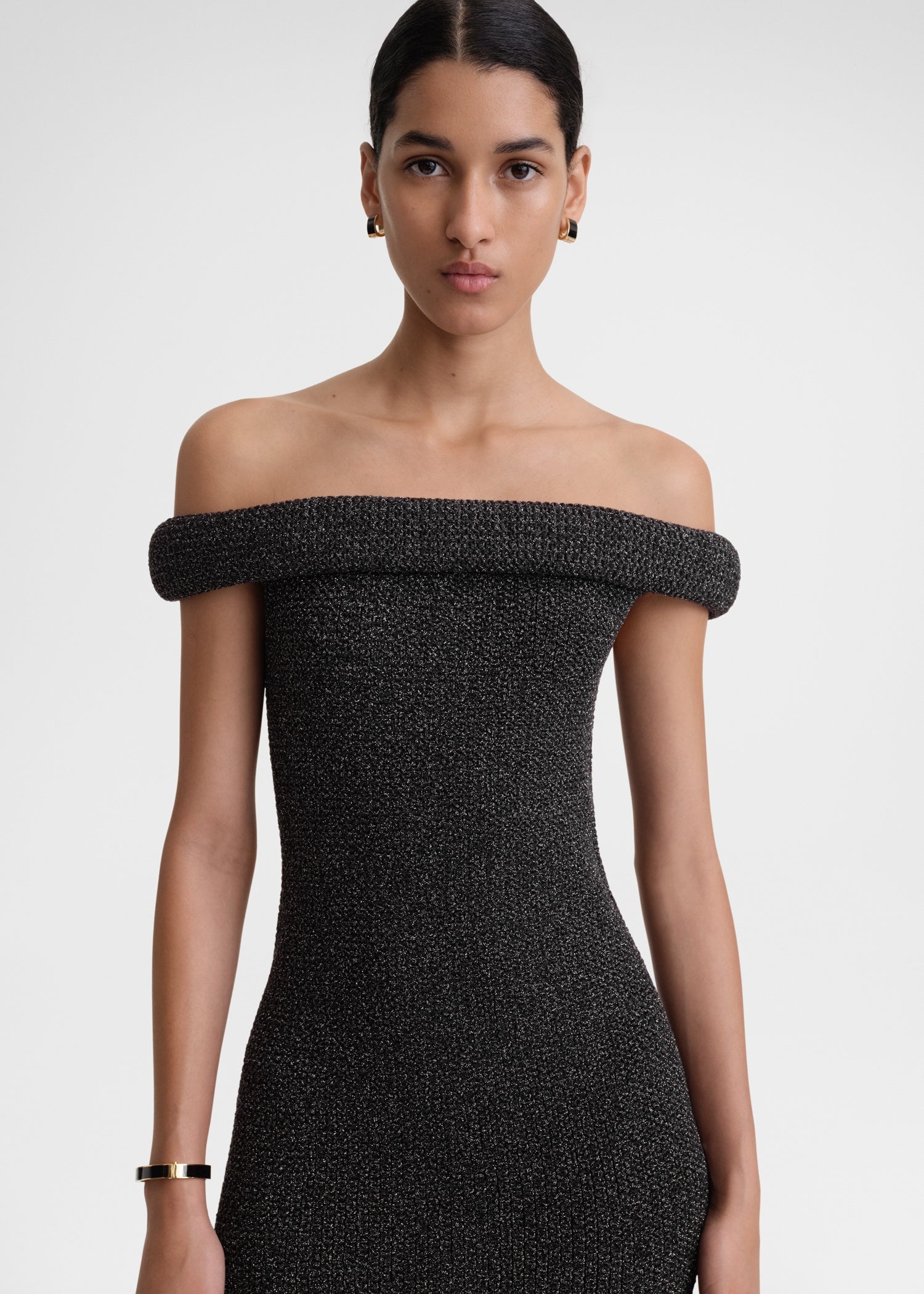 Off-shoulder roll knit dress black - 2