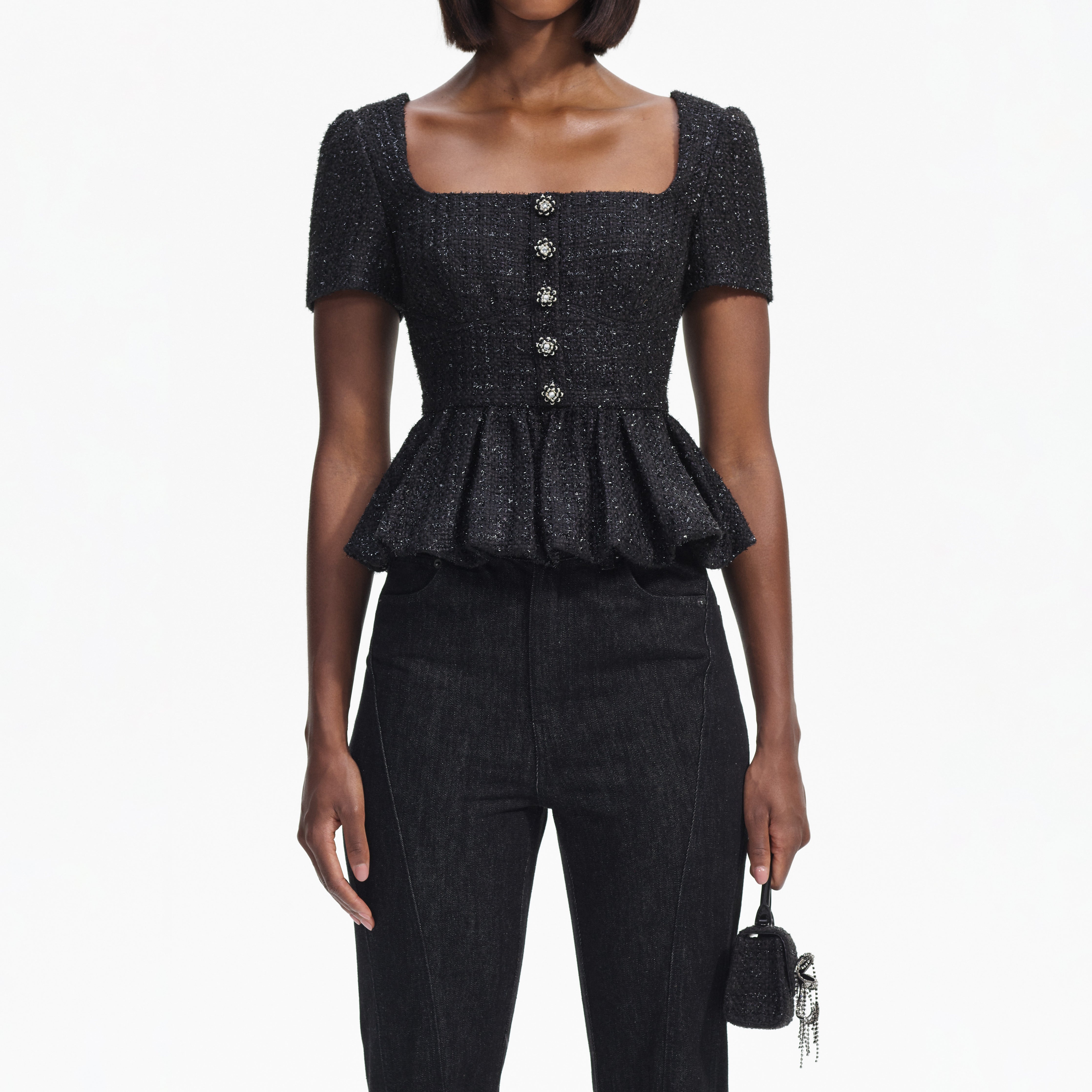 Black Boucle Peplum Top - 4