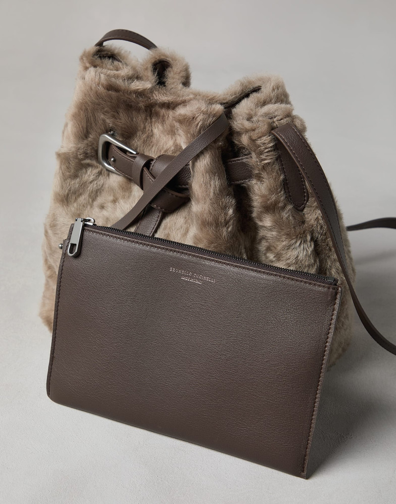 Frosty-effect shearling bucket bag with belt detail 5