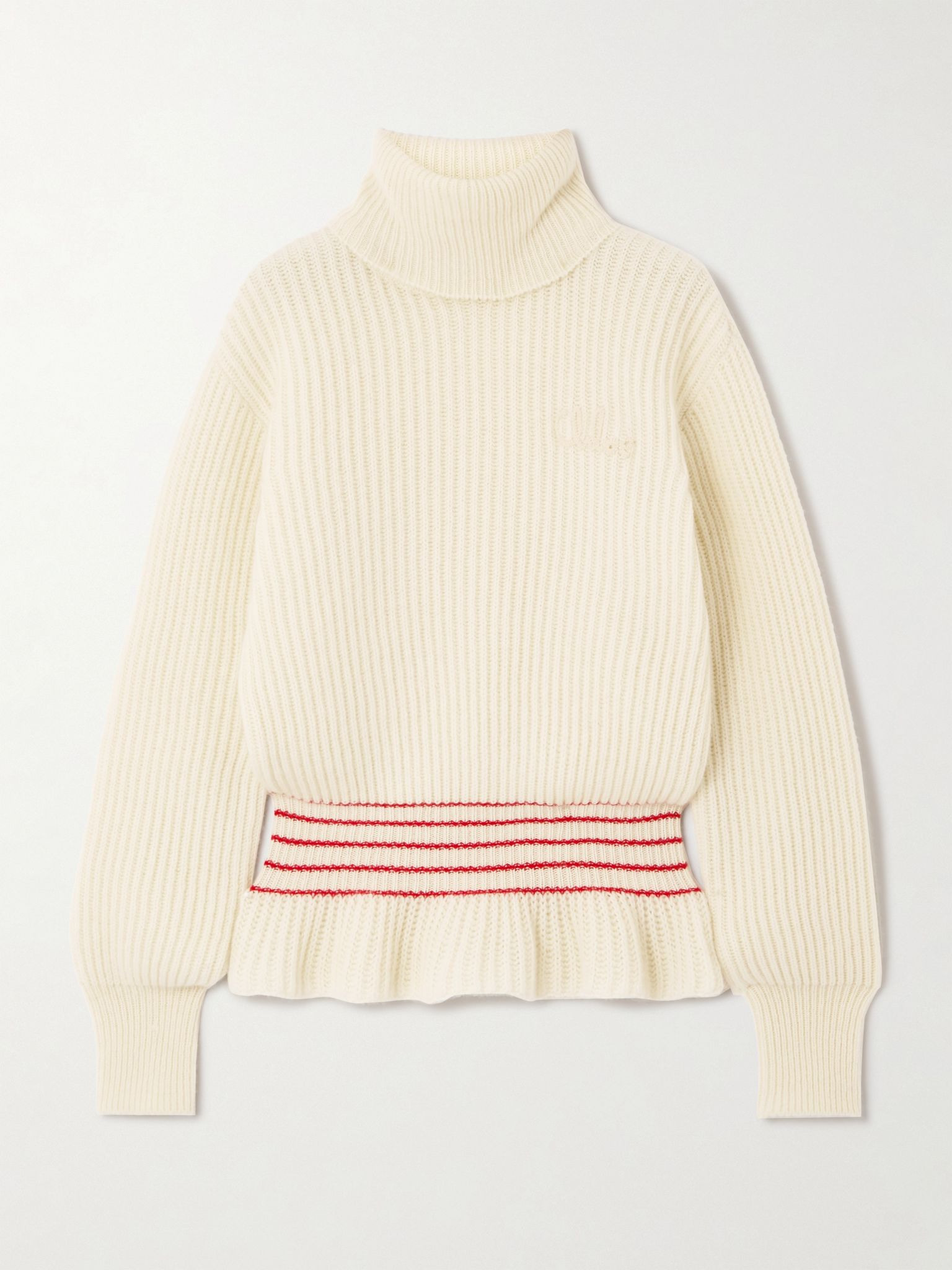 Turtleneck striped ribbed wool and mohair-blend peplum sweater Cream - 1