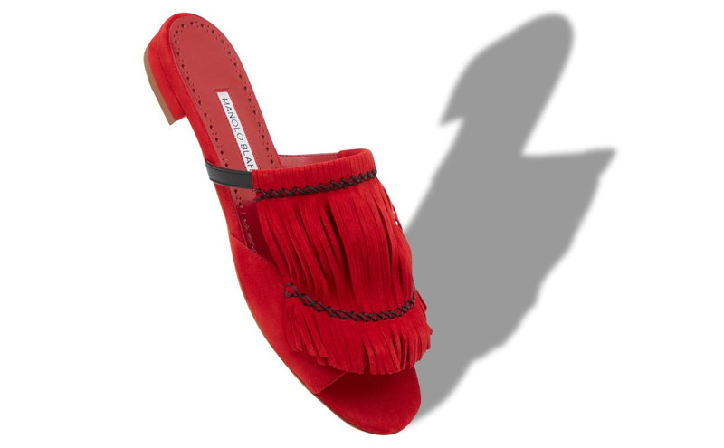 Manolo Blahnik Red Suede Fringe Detail Flat Sandals outlook