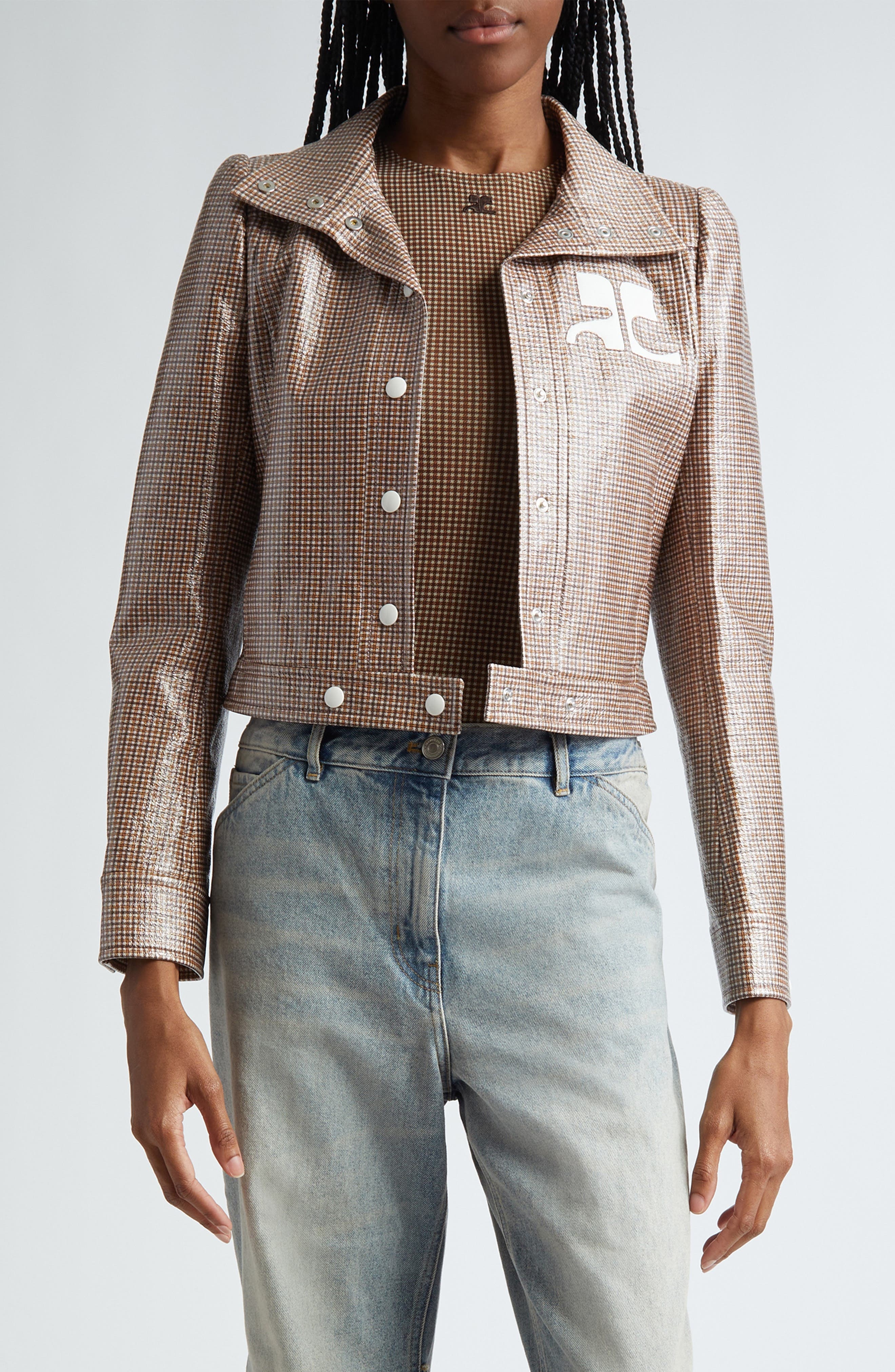 Courrèges Reedition Check Coated Jacket in Brown /White at Nordstrom - 1