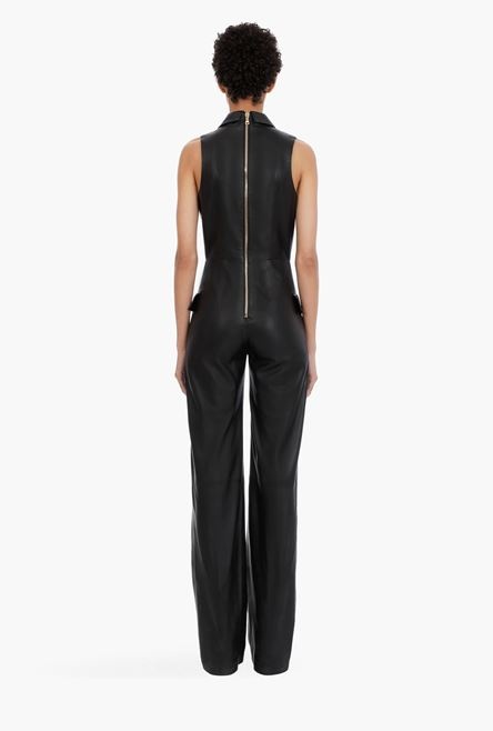 Black double-breasted leather jumpsuit - 3