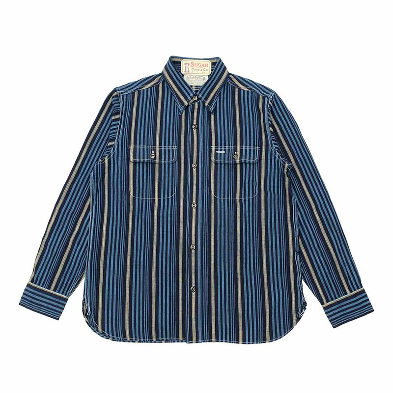 SUGAR CANE FICTION ROMANCE - 5.5oz. INDIGO STRIPE WORK SHIRT - SC29592 outlook