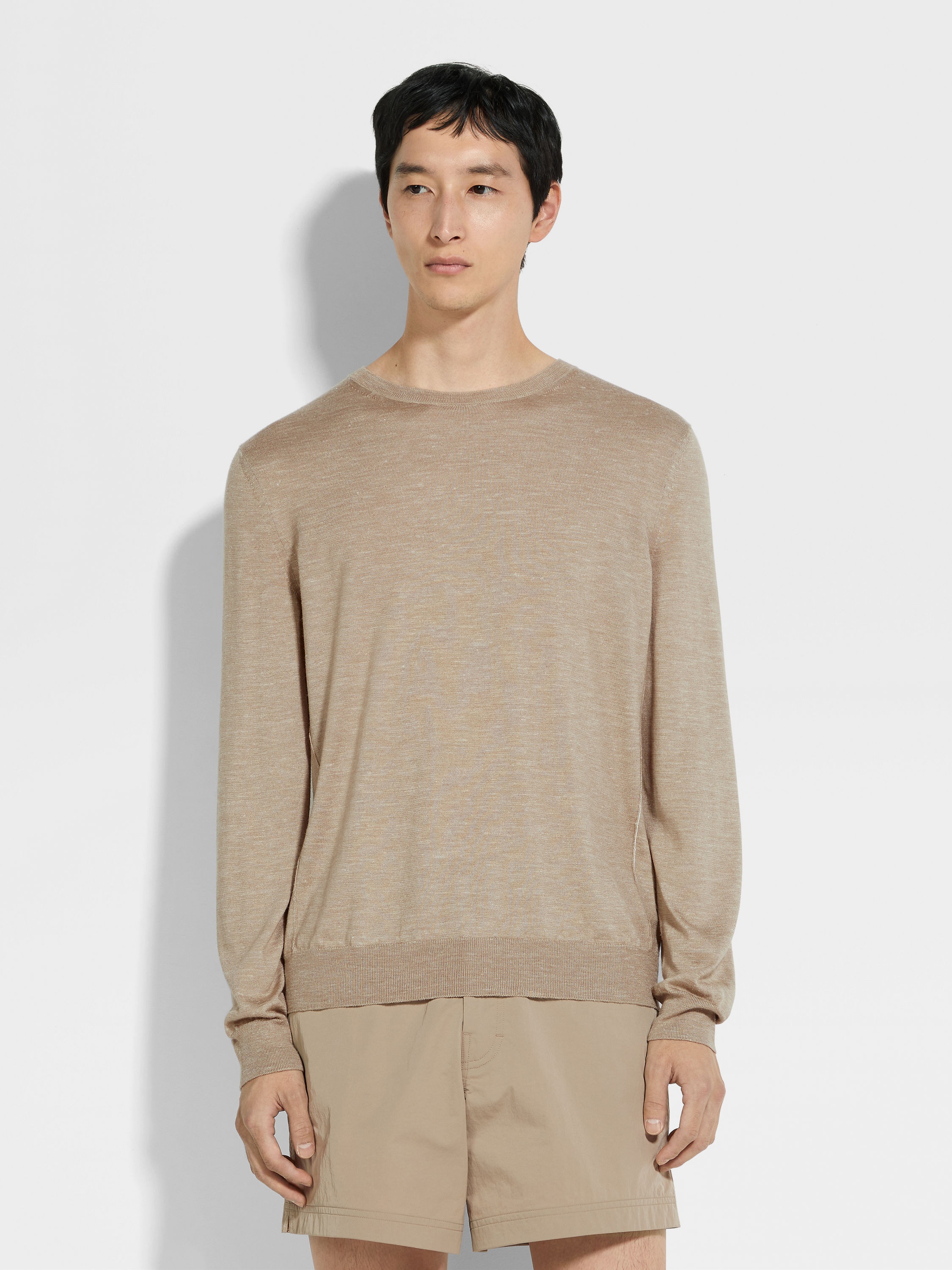 LIGHT TAUPE MÉLANGE SILK CASHMERE AND LINEN CREWNECK - 4
