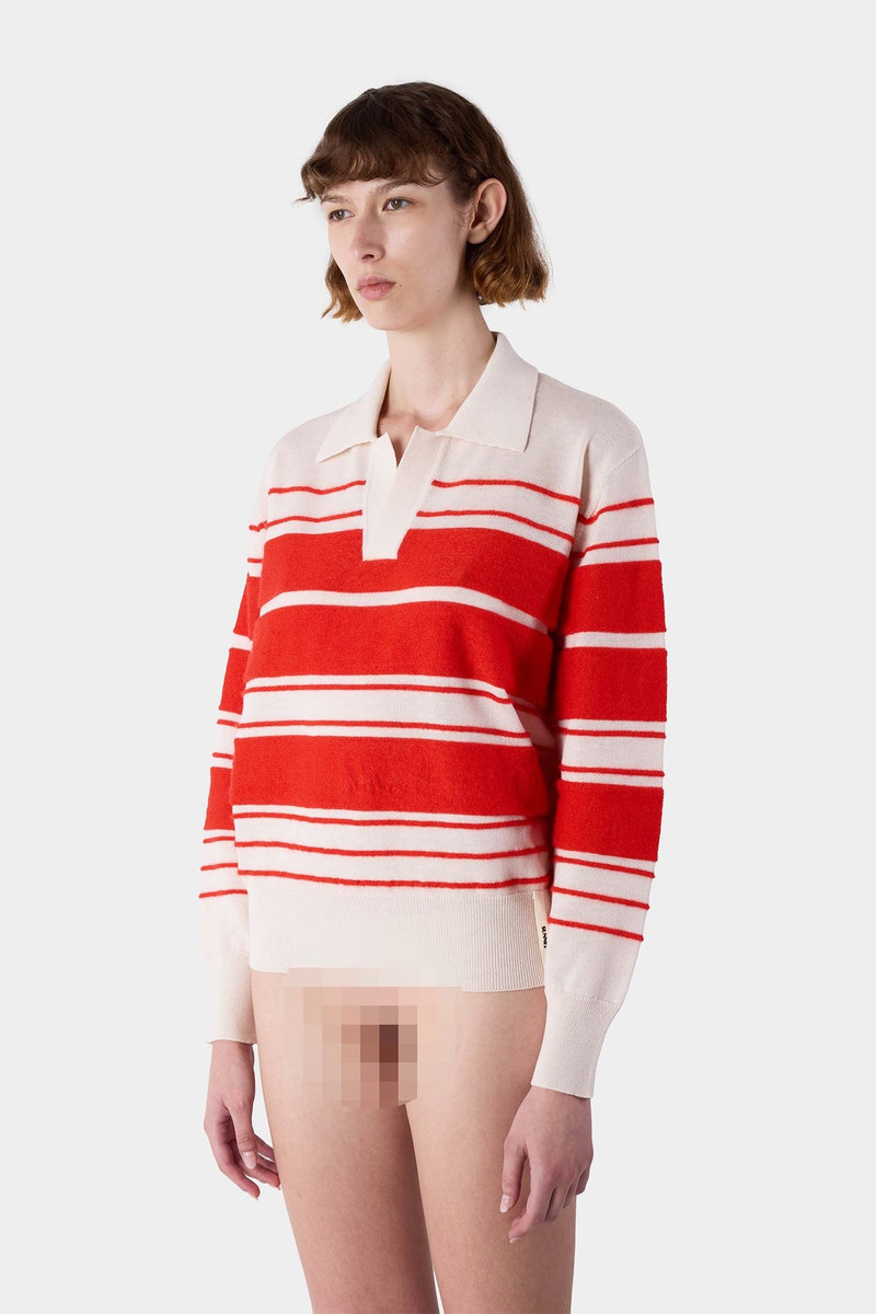 STRIPED KNIT LONSGLEEVE POLO / off white & acid red - 1