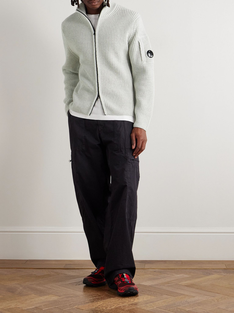 C.P. Company Logo-Appliquéd Waffle-Knit Wool-Blend Zip-Up Sweatshirt Ecru outlook