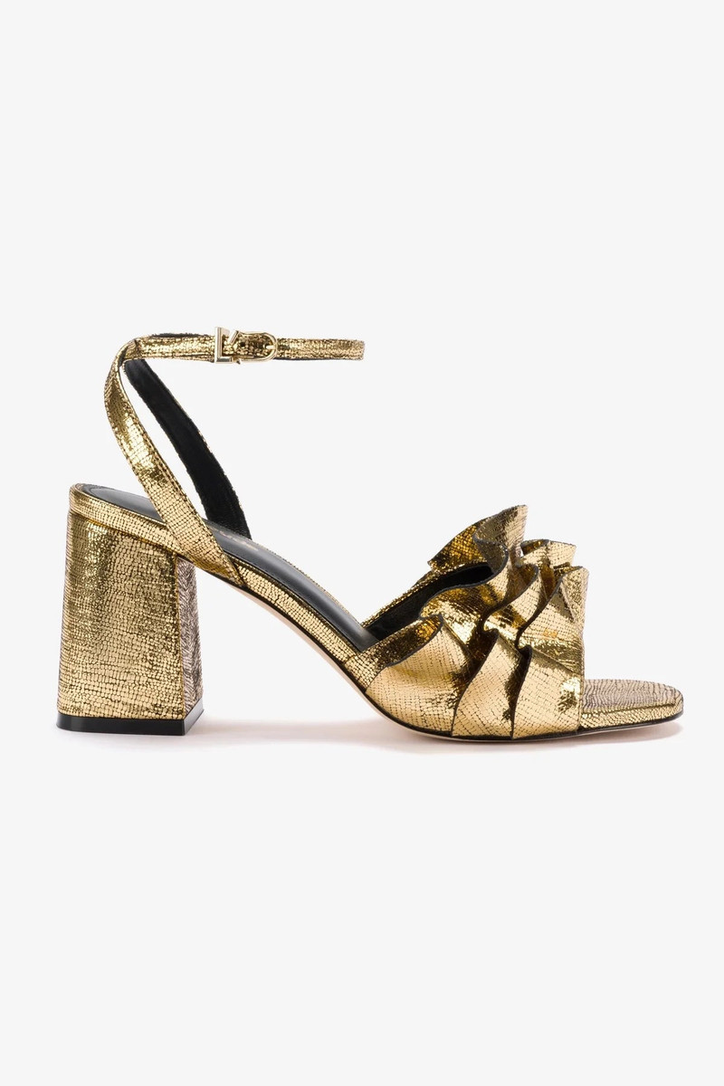 Selena Ruffle Sandal In Gold Cracked Metallic Leather 1