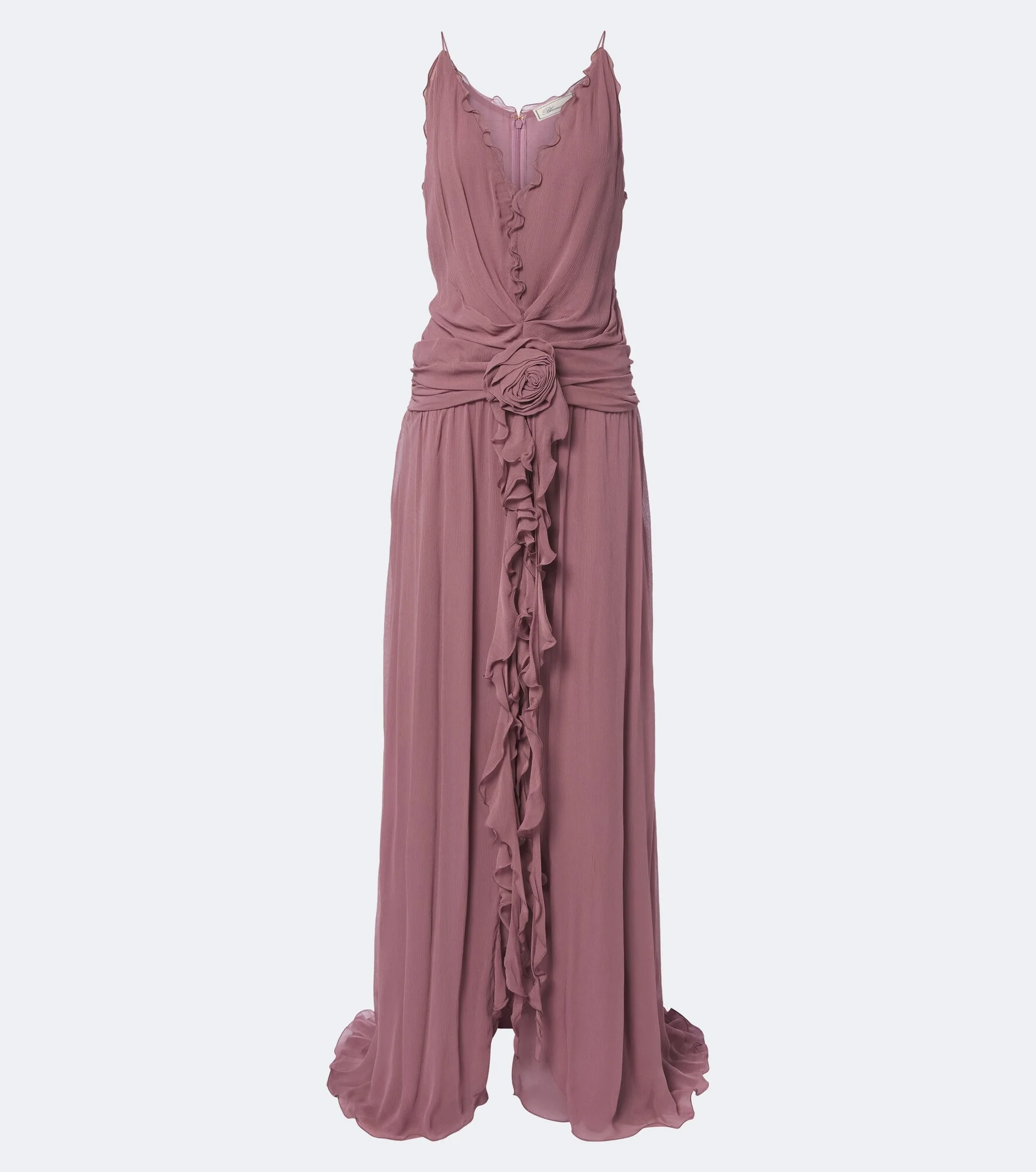 Floral-appliqué ruffled georgette gown - 1