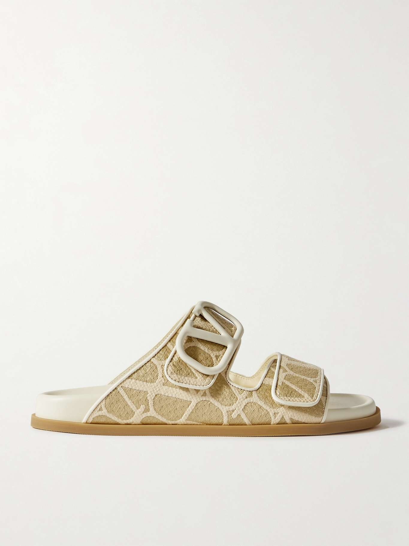 VLOGO embellished leather-trimmed canvas-jacquard slides - 1