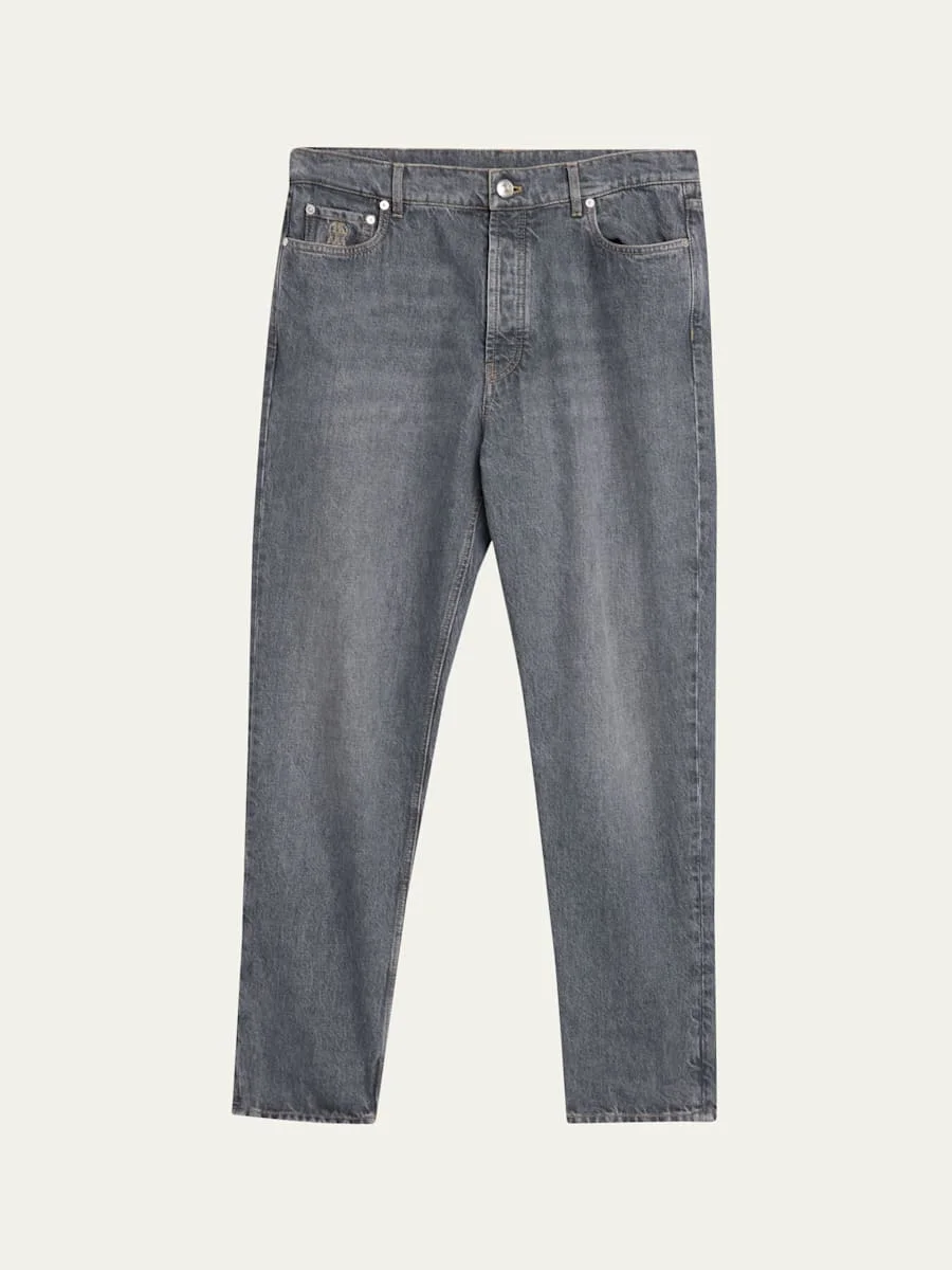 Men's Rinsed Grey Denim Straight-Leg Jeans - 1