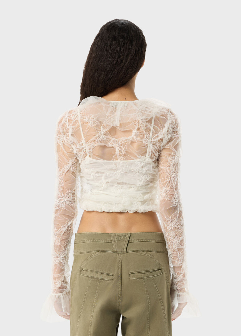CROPPED CARDIGAN IN CRINKLED TULLE WITH EMBROIDERY AND RUFFLES 3