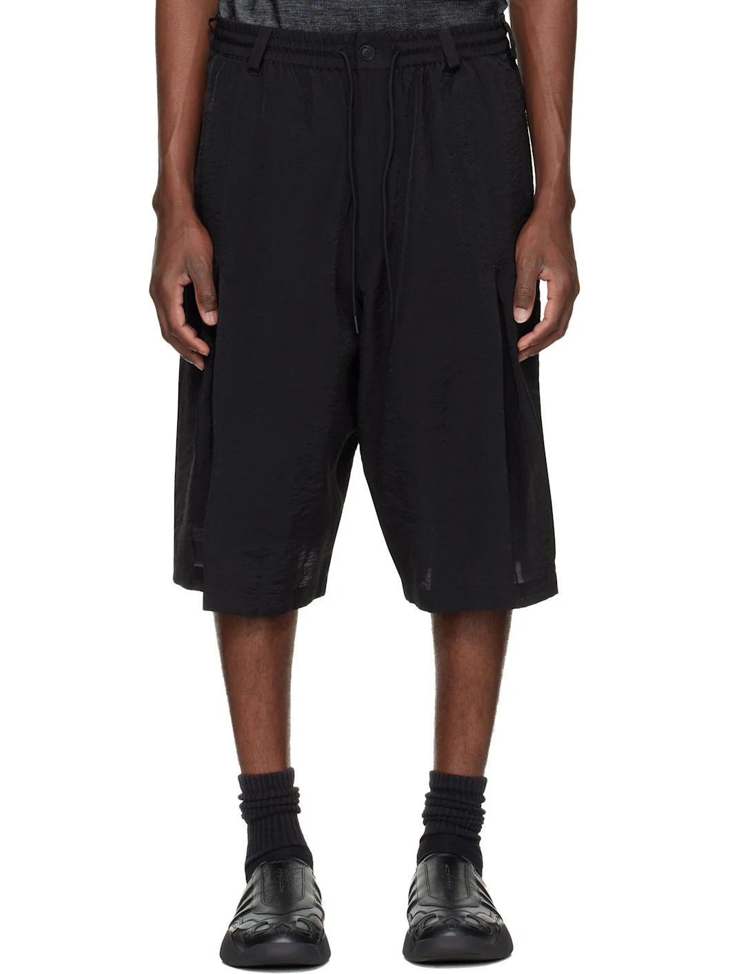 Black Crinkle Pleated Shorts - 1