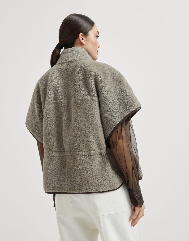 Brunello Cucinelli Curly shearling short sleeve outerwear jacket with shiny zipper pull outlook