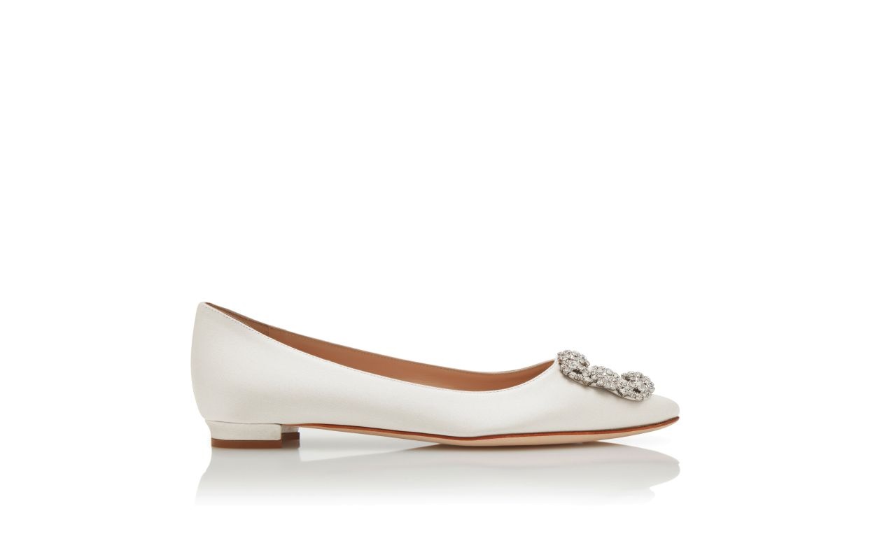 Light Cream Satin Jewel Buckle Flat Pumps - 1