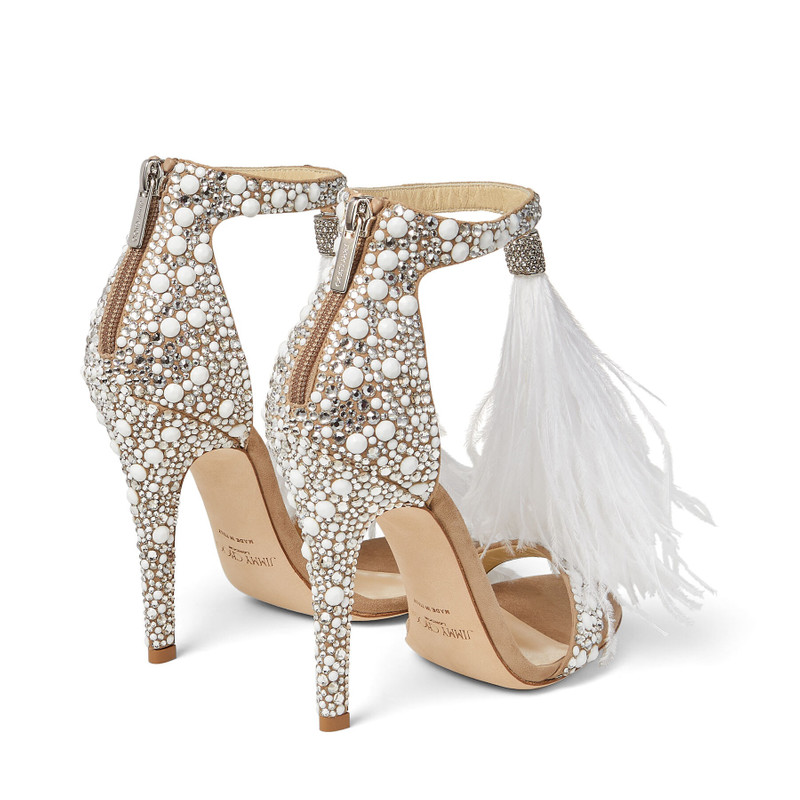 Viola 110 White Suede Sandals with Hotfix Crystals and Ostrich Feather Tassel 6