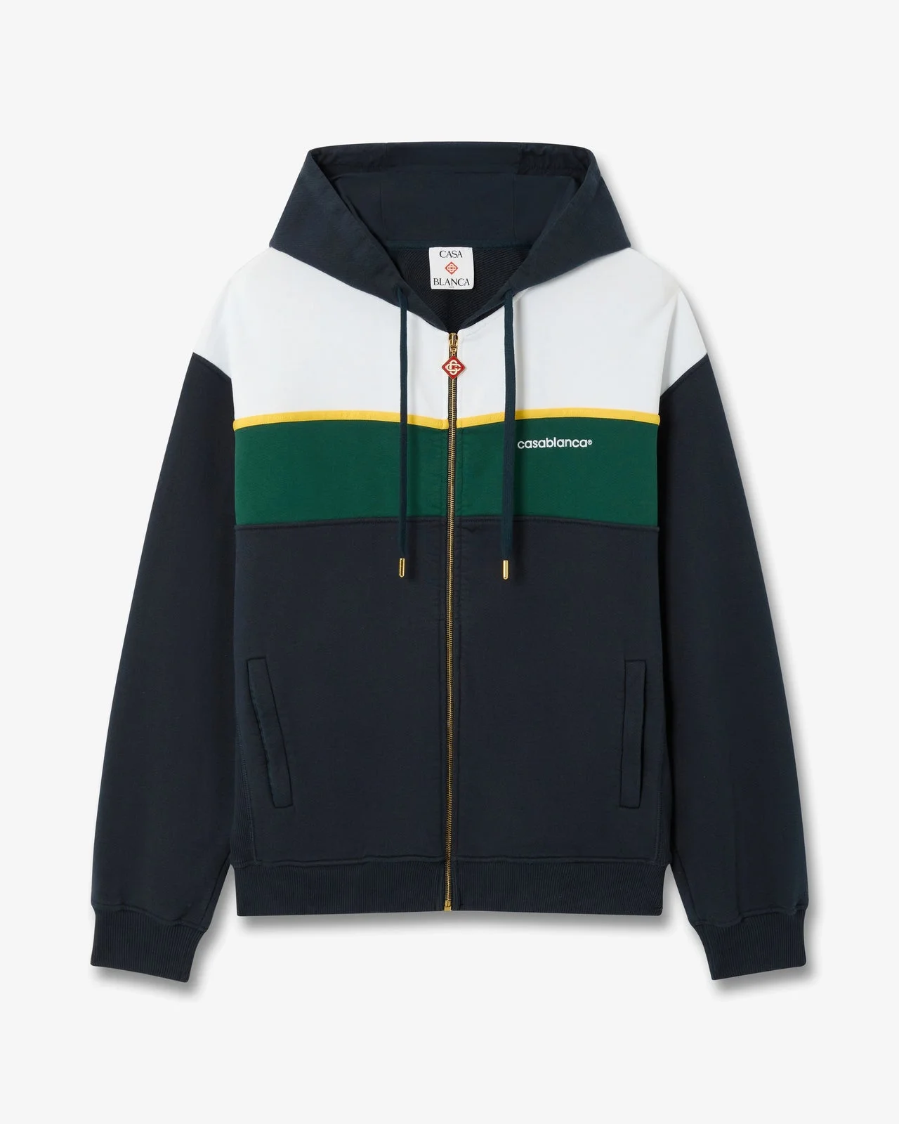 Navy & Green Panelled Zip-Up Hooded Sweatshirt | Casablanca Paris - 1