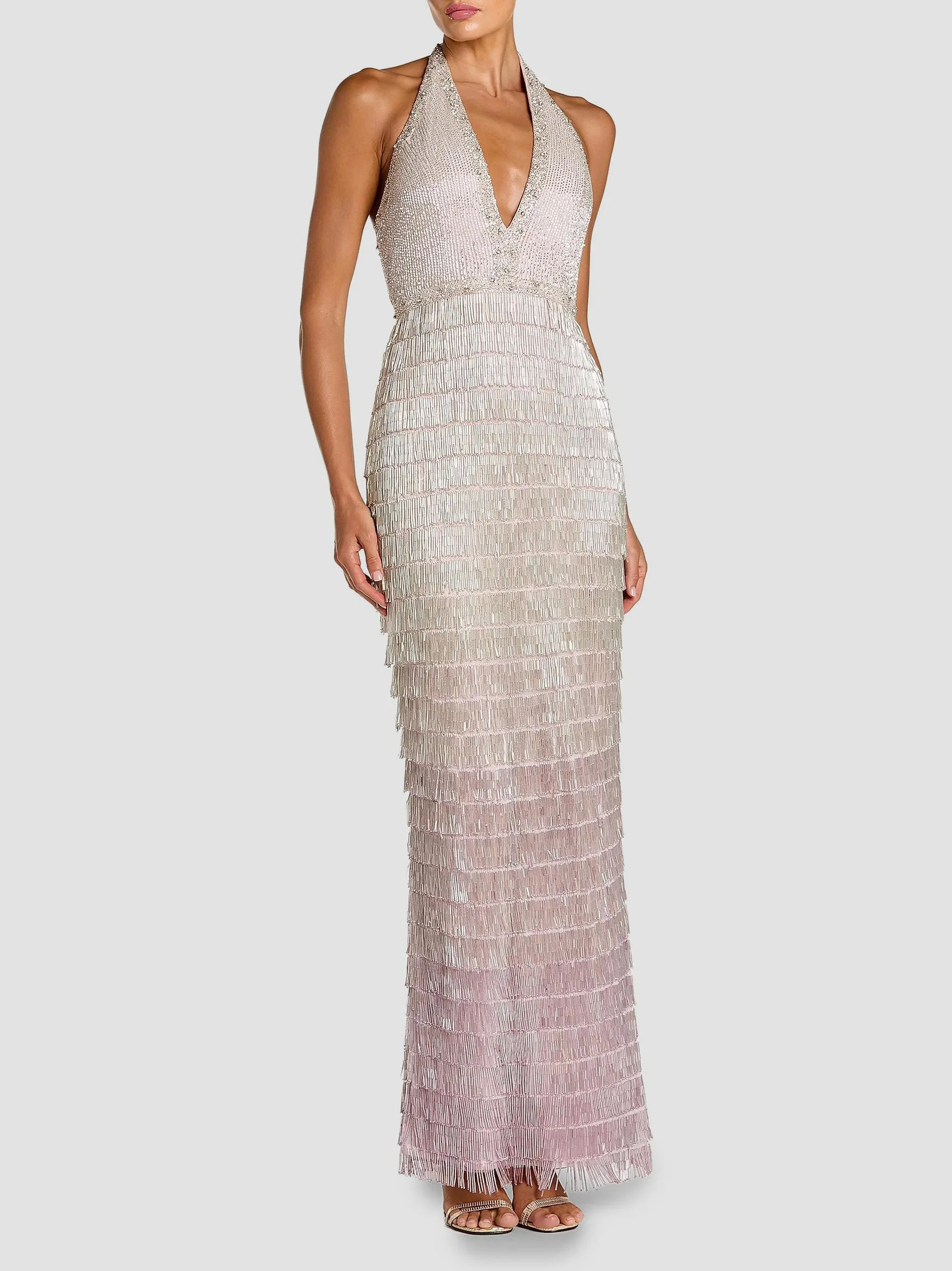 Women's Beaded Fringed Halter Gown - Silver Lilac - 1