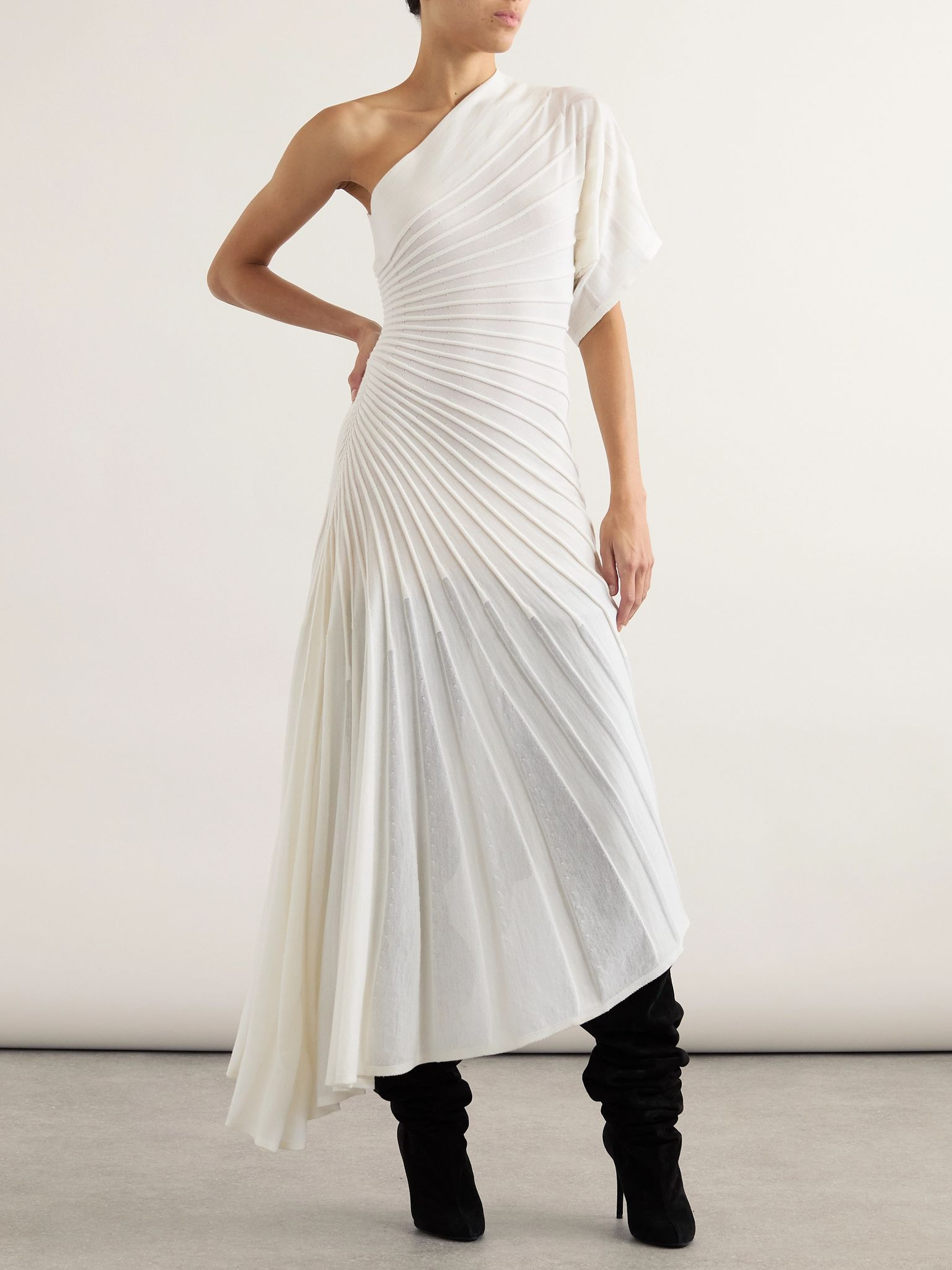 One-shoulder ribbed wool midi dress White - 2
