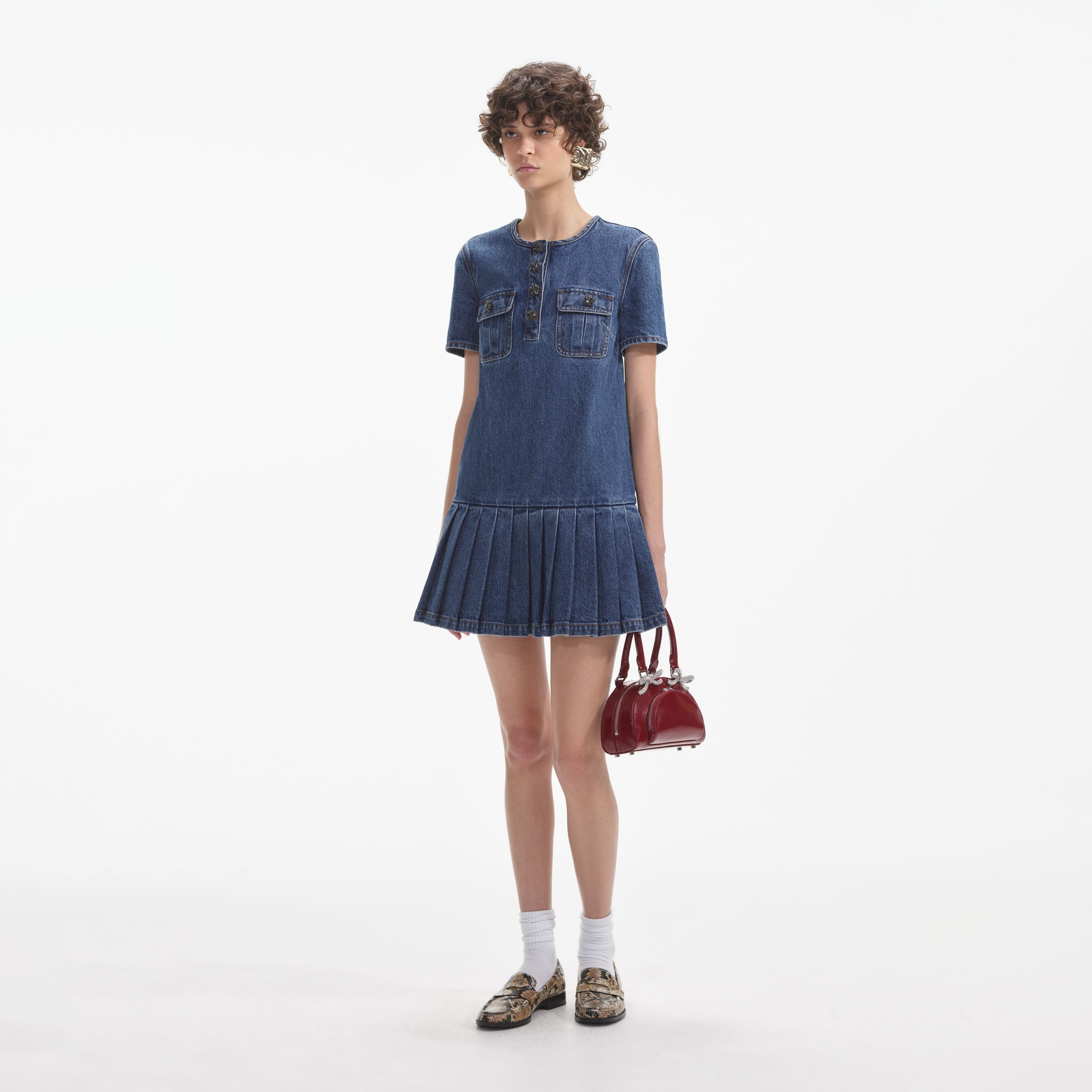 Pleated Denim Mini Dress - 2