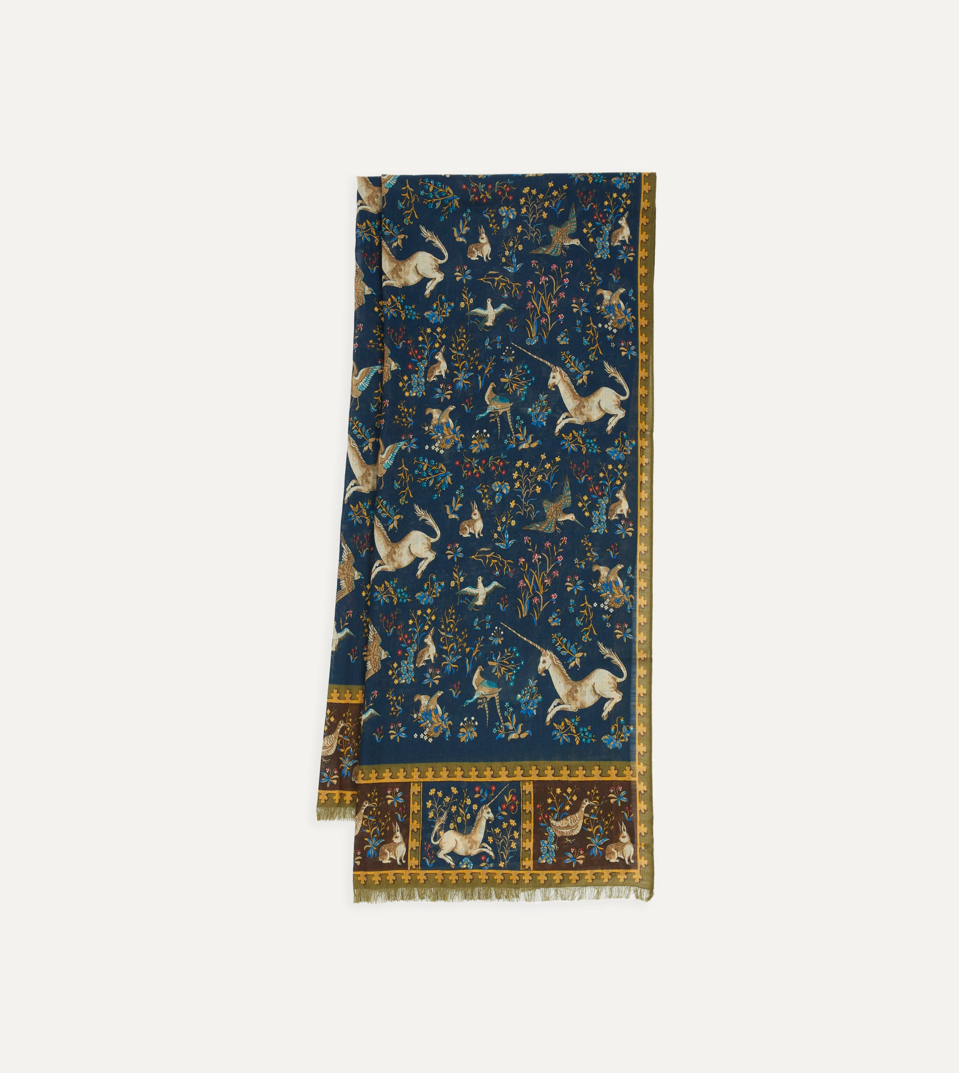 Navy Unicorn Print Wool-Silk Scarf - 1