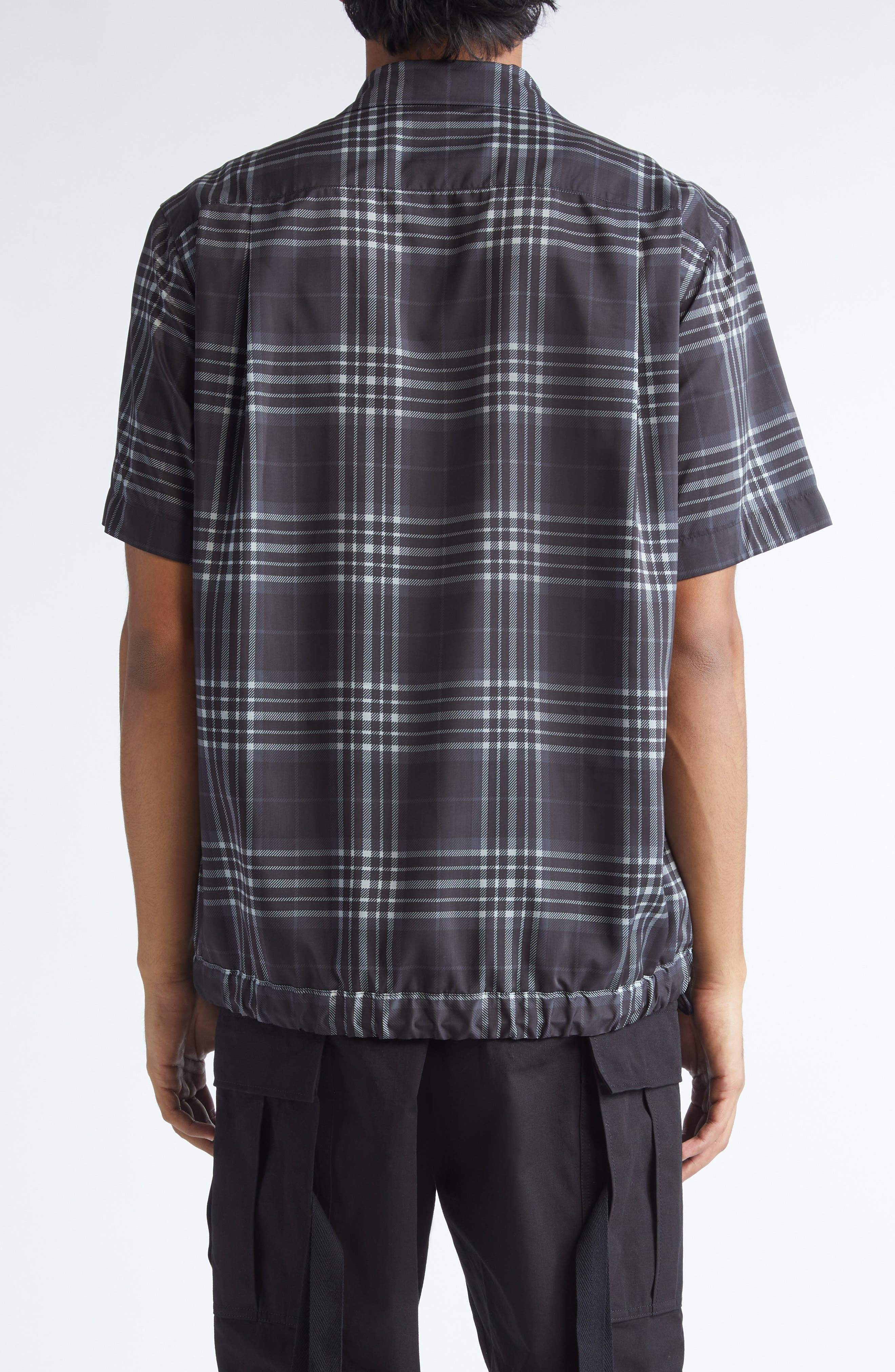 Sacai Plaid Drawcord Hem Camp Shirt in Black at Nordstrom - 3