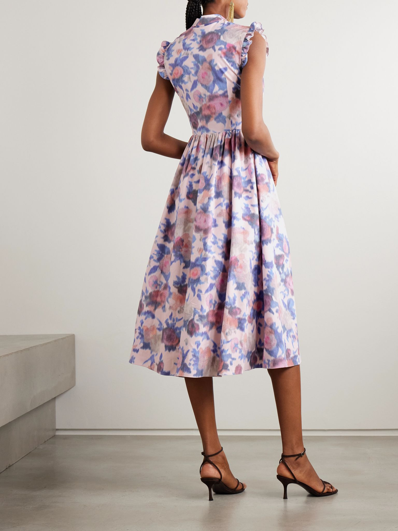 Ruffled gathered floral-print cotton-poplin midi dress Pink - 3