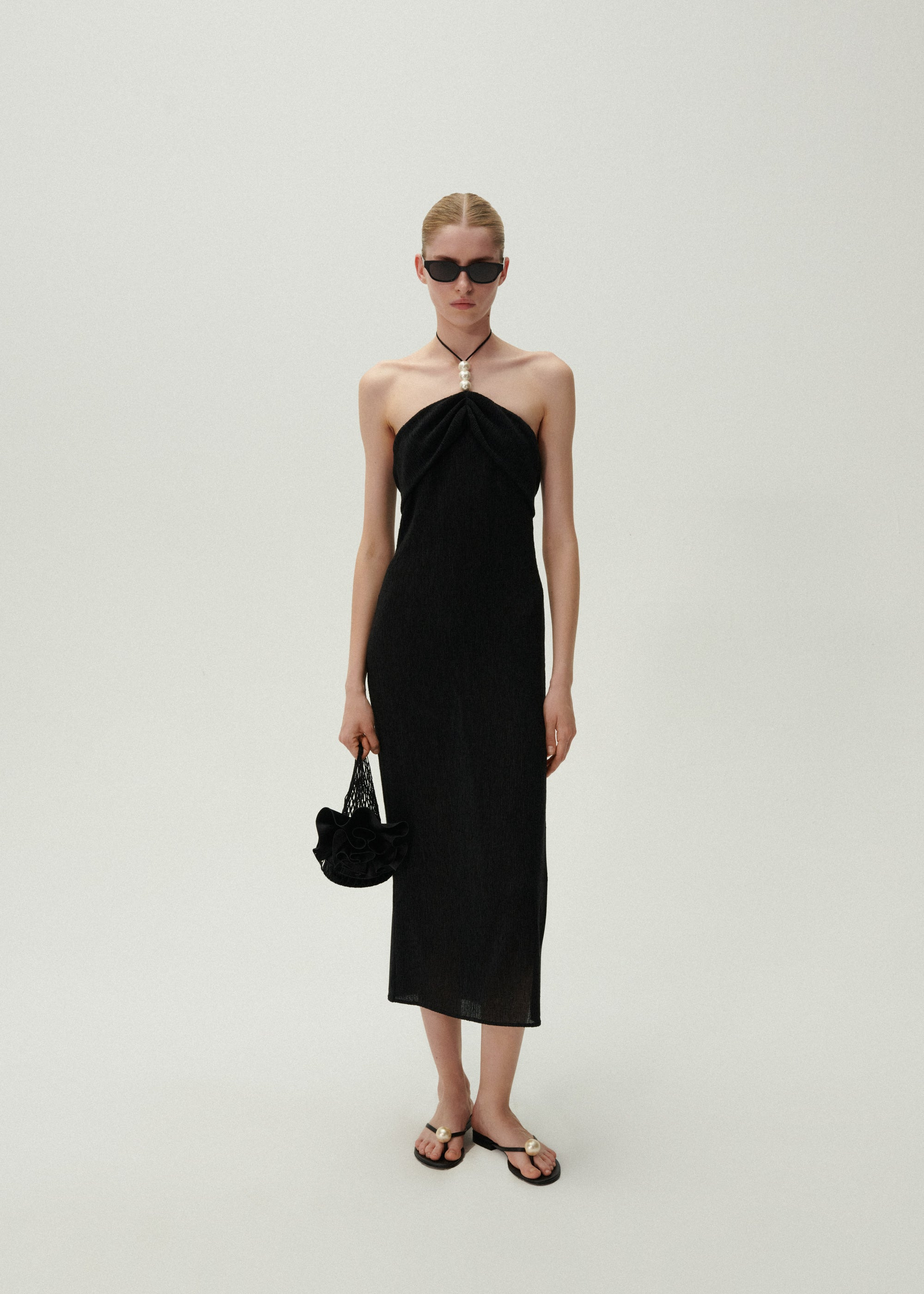 Pearl halterneck midi dress in black - 3