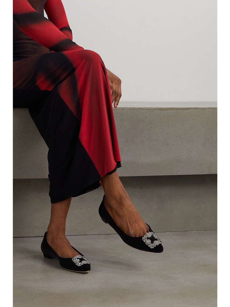 Manolo Blahnik Hangisiflat embellished velvet point-toe flats Black outlook