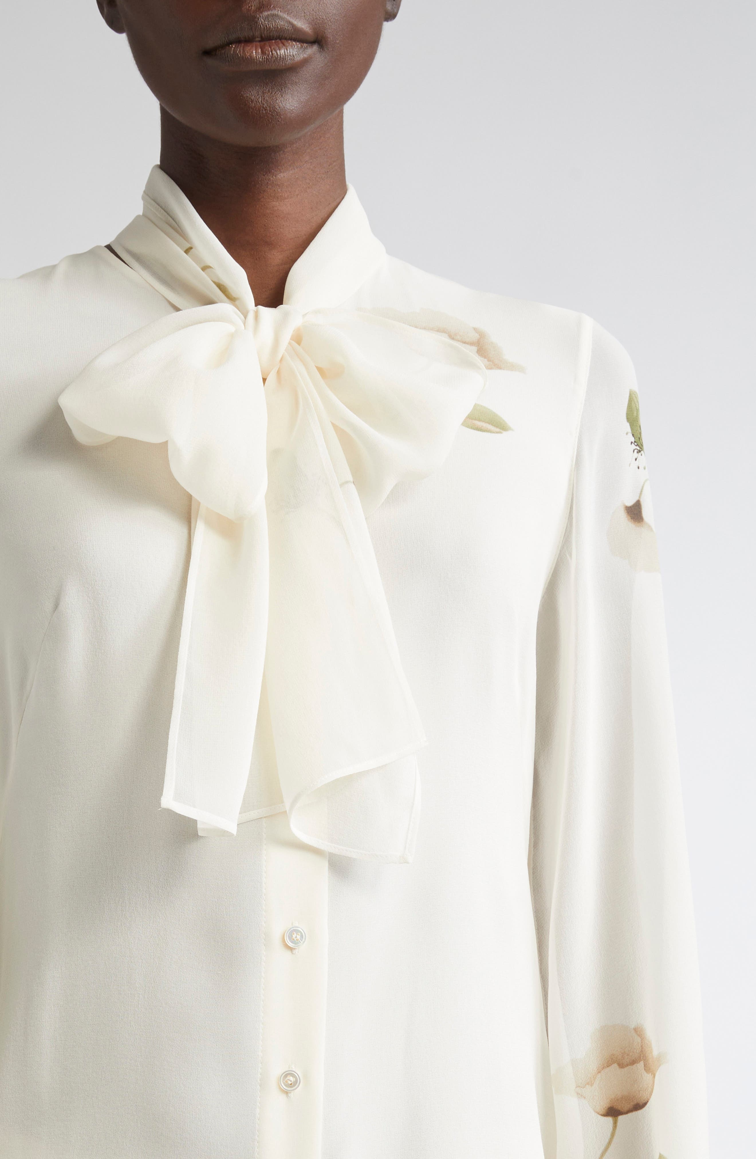 Akris Anemone Print Silk Georgette Tie Neck Shirt in Greige-Ecru at Nordstrom - 5